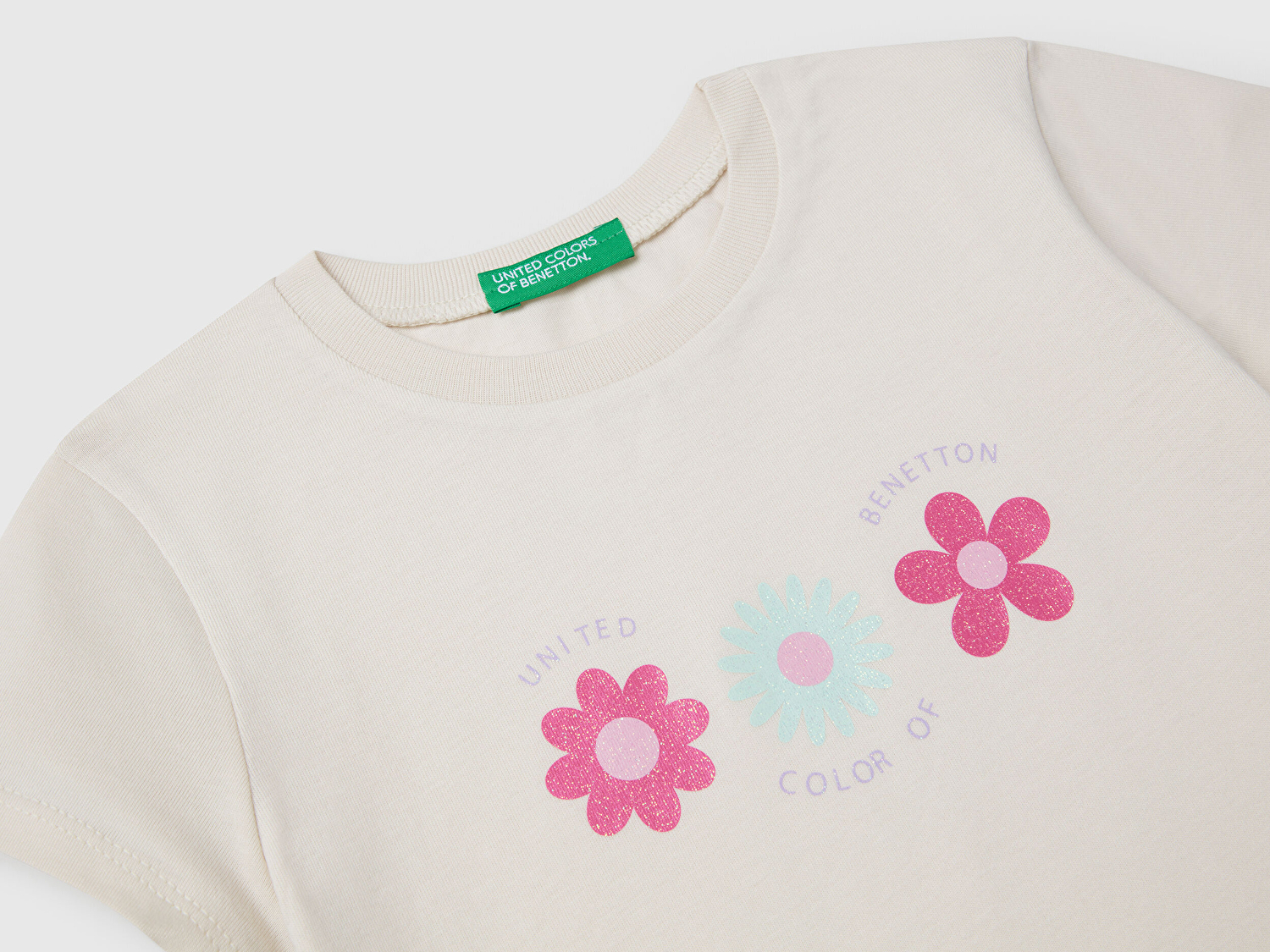 Benetton Kız Bebek Krem Simli Benetton Logo Baskılı T-Shirt