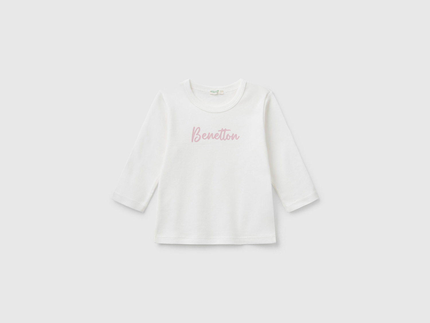 Benetton Bebek Beyaz Logo Baskılı Omzu Çıtçıt Düğmeli Uzun Kollu T-Shirt
