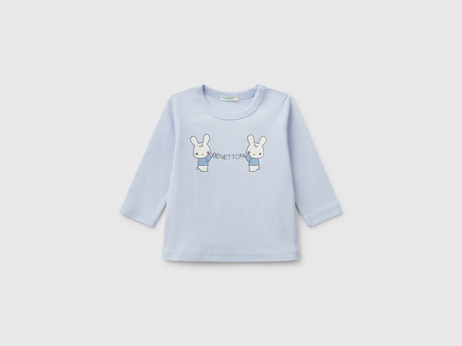 Benetton Bebek Toz Mavi Logo Baskılı Omzu Çıtçıt Düğmeli Uzun Kollu T-Shirt