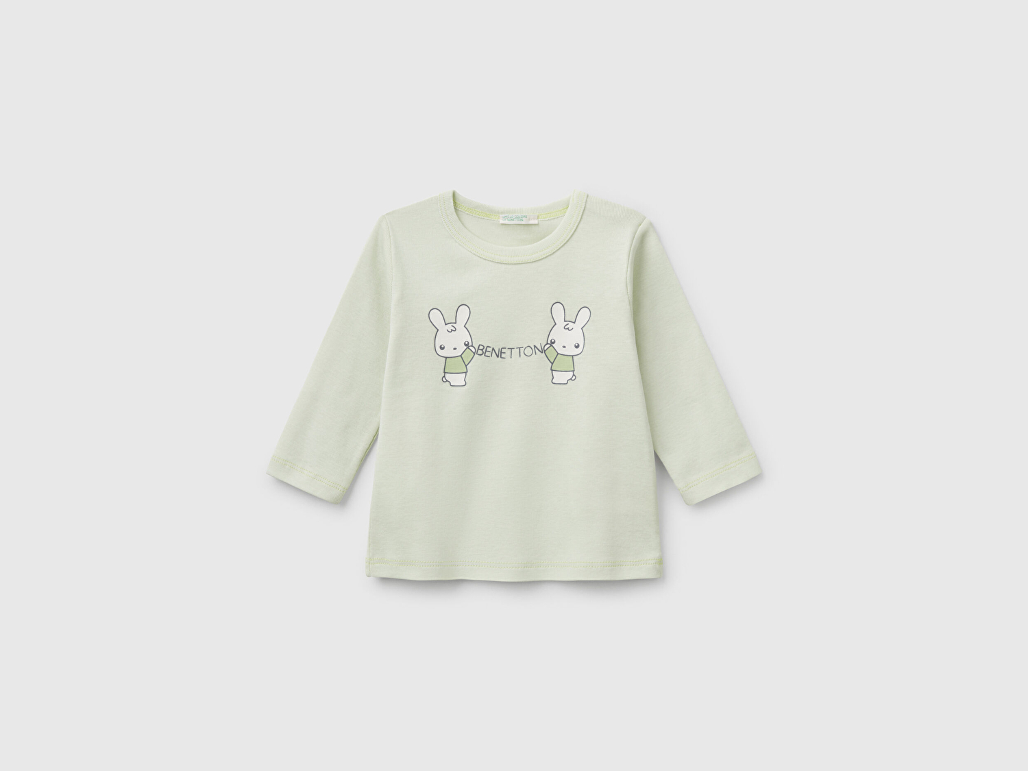 Benetton Bebek Su Yeşili Logo Baskılı Omzu Çıtçıt Düğmeli Uzun Kollu T-Shirt