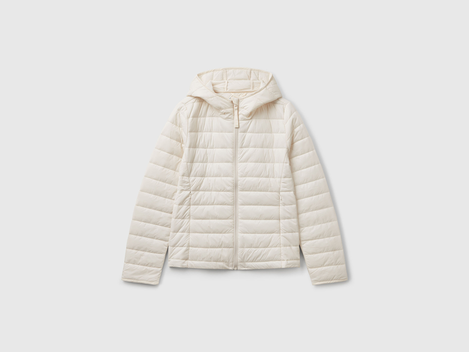 Benetton Kadın Krem Polyester Dolgulu Feramuarlı Kapüşonlu Slim Fit Puffer Mont