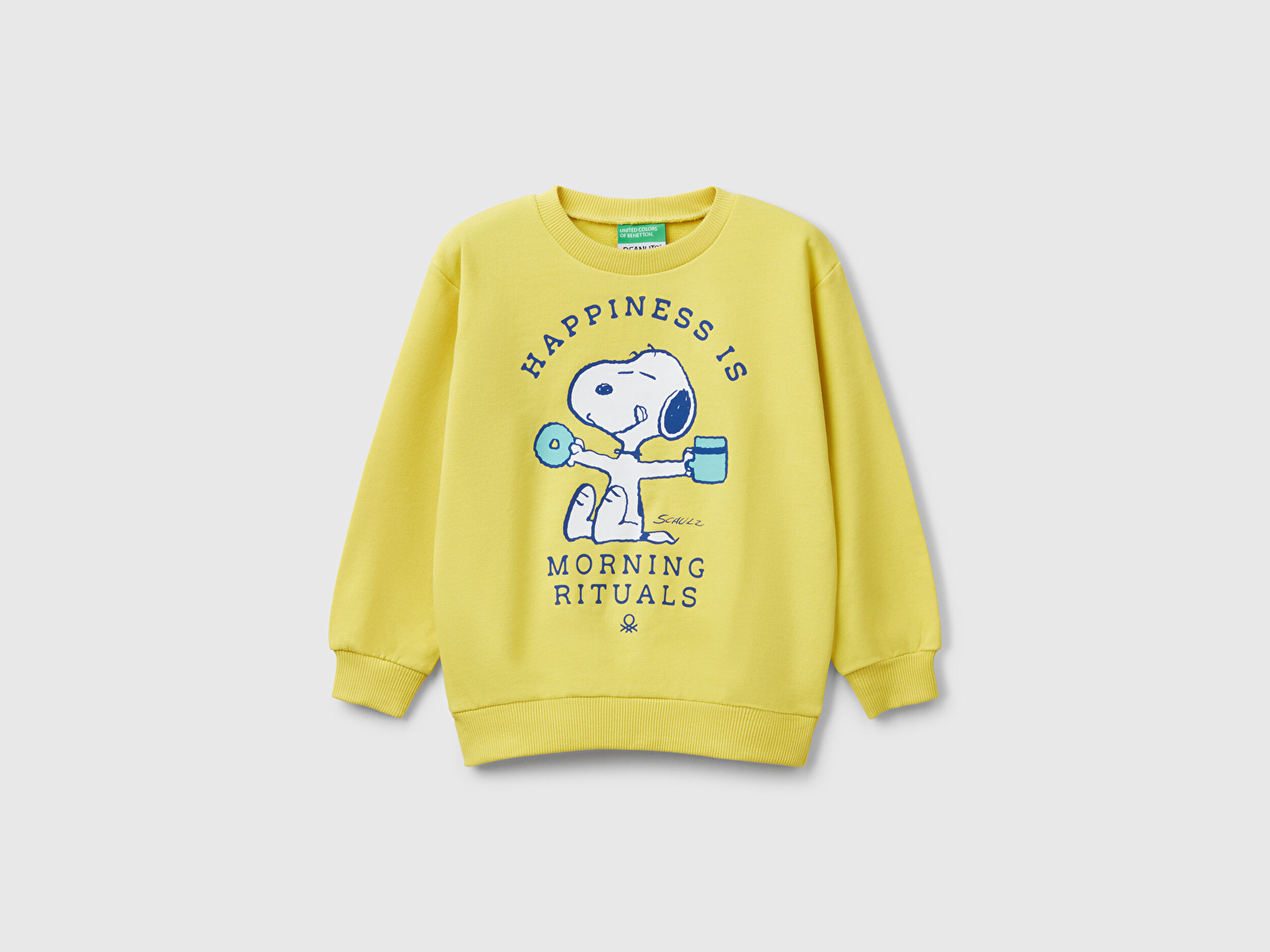 Benetton Erkek Bebek Sarı Peanuts Baskılı Logo Etiketli Bisiklet Yaka Sweatshirt