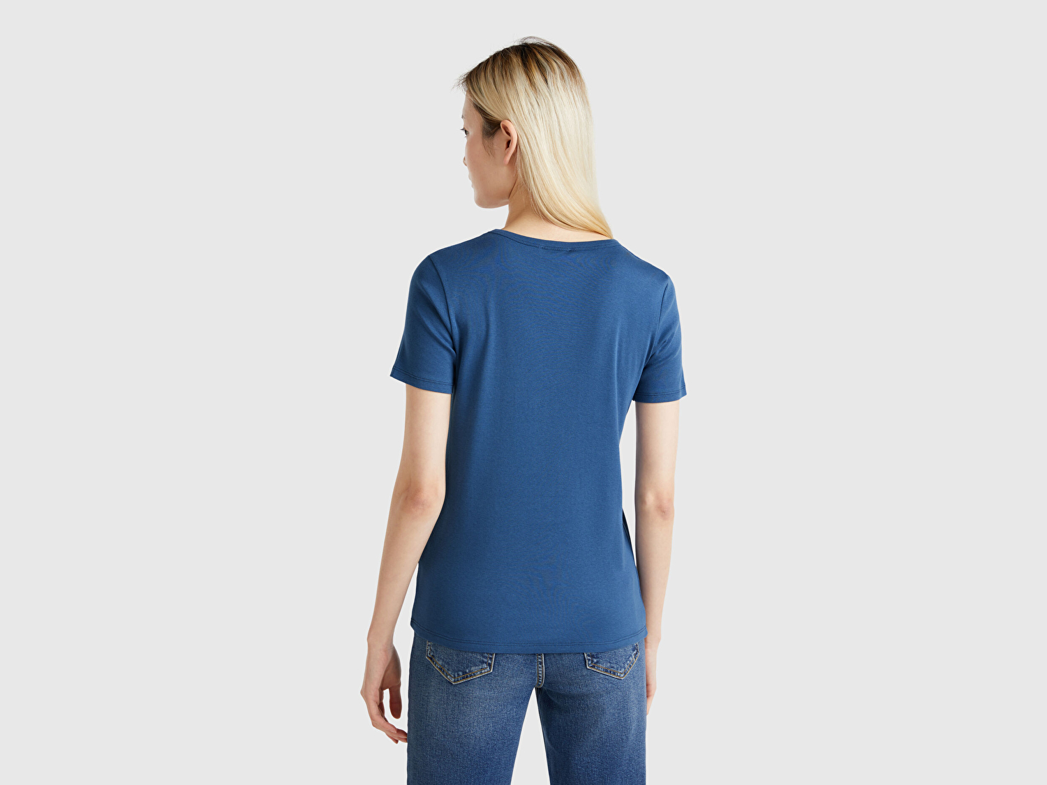 Benetton Kadın İndigo Mavisi %100 Koton Basic Kısa Kollu Bisiklet Yaka T-Shirt