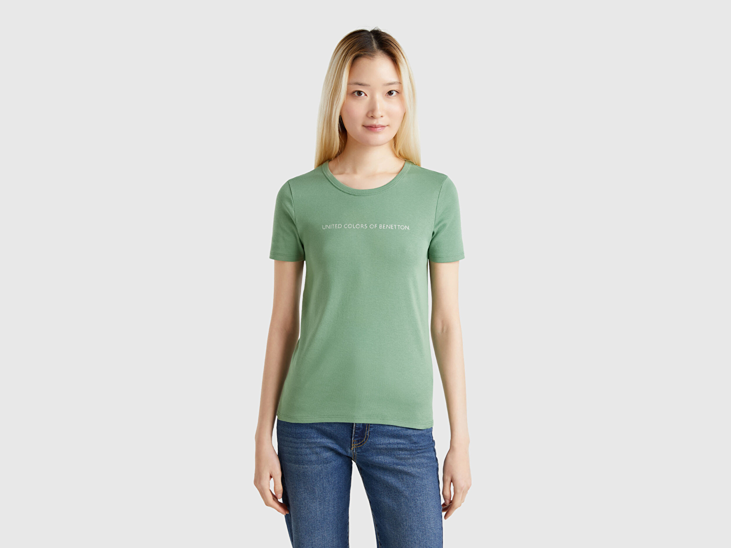 Benetton Kadın Açık Yeşil %100 Koton Benetton Yazılı Basic T-Shirt