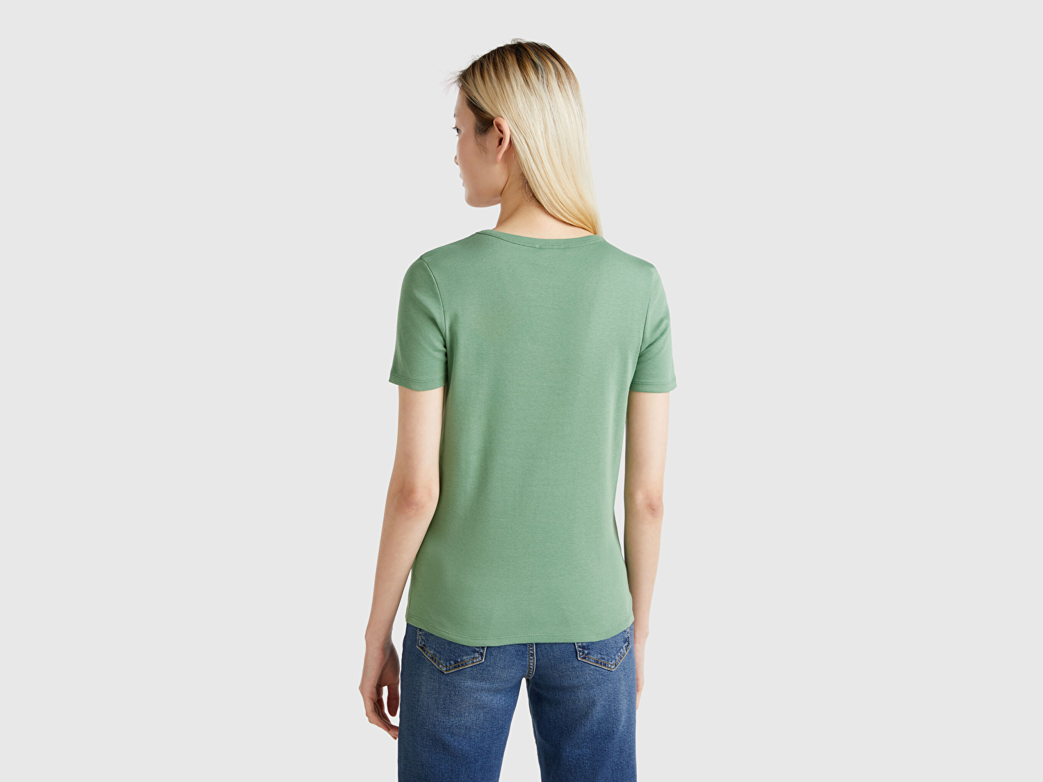 Benetton Kadın Açık Yeşil %100 Koton Benetton Yazılı Basic T-Shirt
