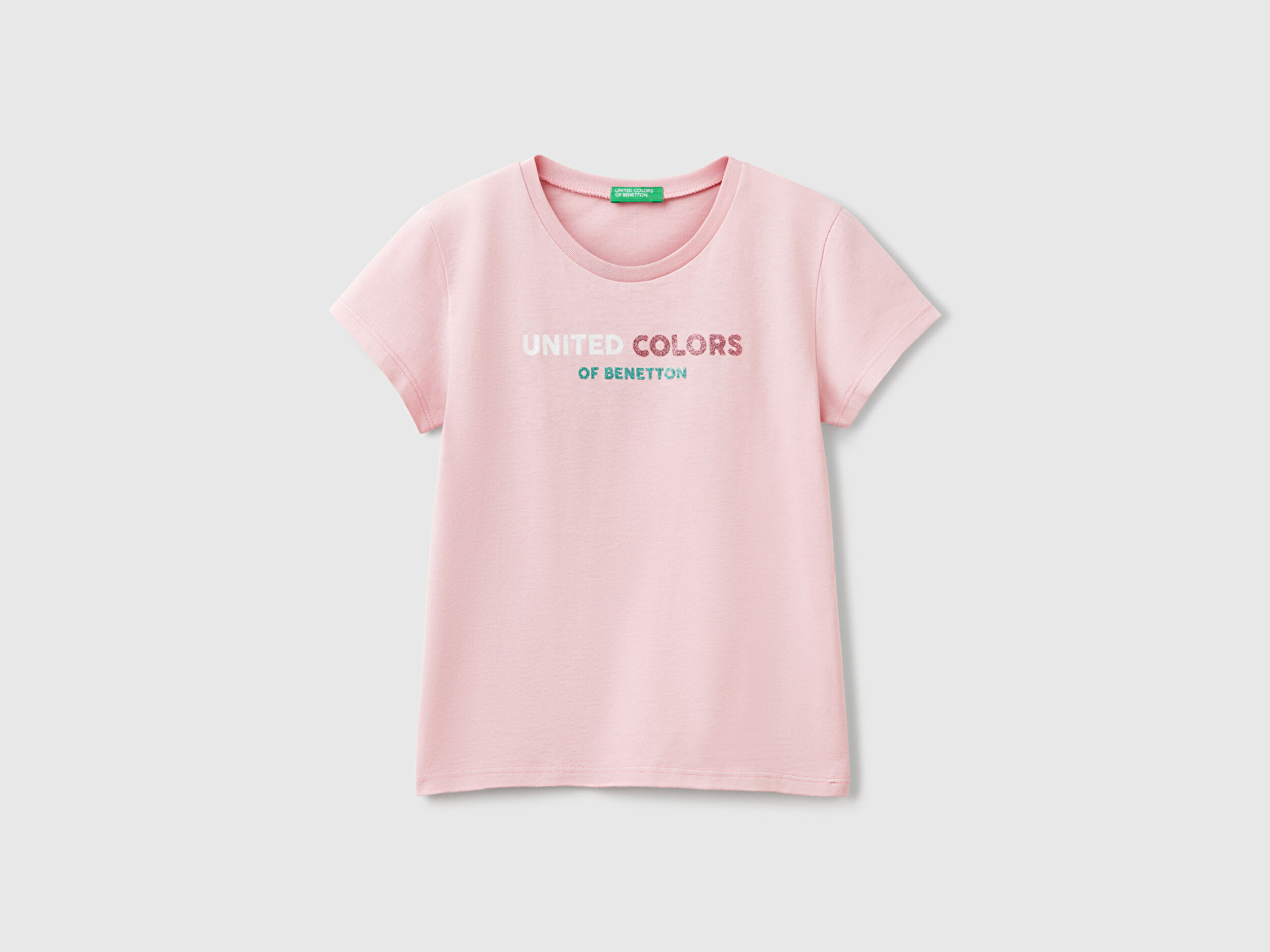 Benetton Kız Çocuk Pembe Simli Logo Baskılı T-Shirt