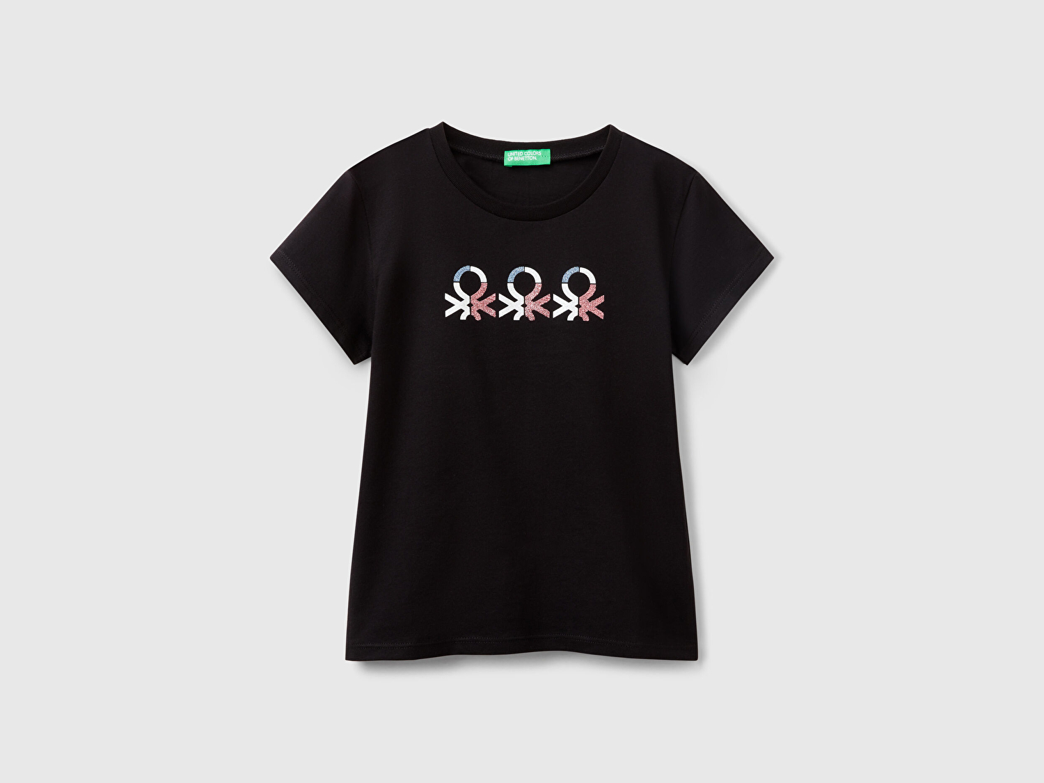 Benetton Kız Çocuk Siyah Simli Logo Baskılı T-Shirt