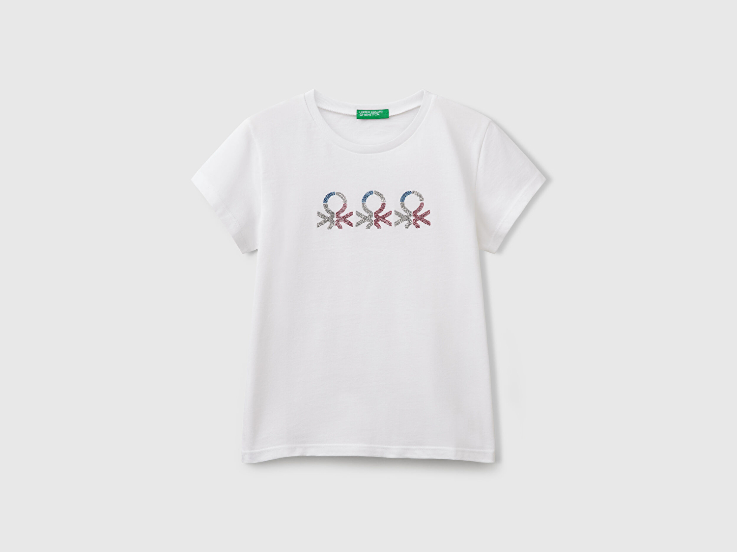 Benetton Kız Çocuk Beyaz Simli Logo Baskılı T-Shirt
