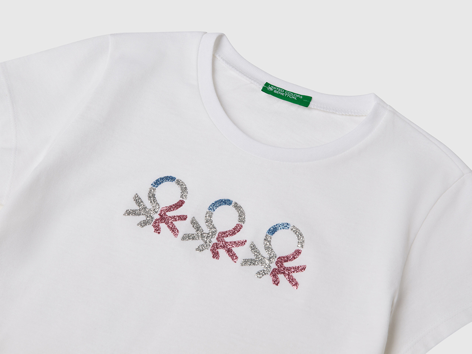Benetton Kız Çocuk Beyaz Simli Logo Baskılı T-Shirt