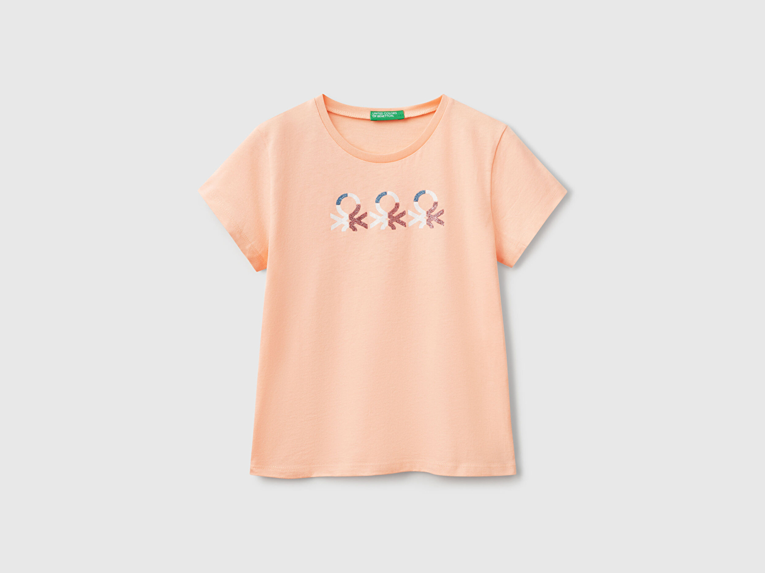 Benetton Kız Çocuk Yavruağzı Simli Logo Baskılı T-Shirt