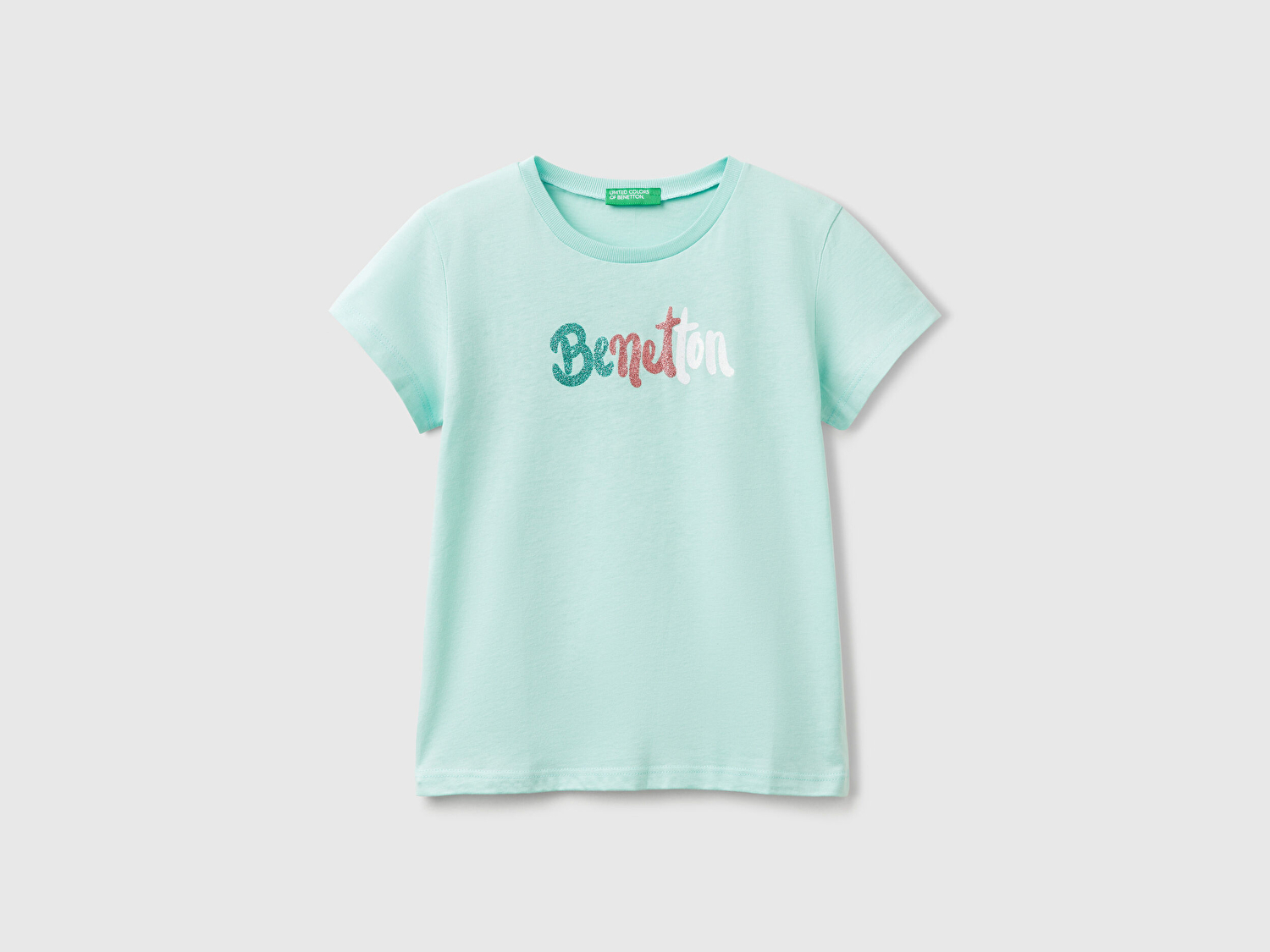 Benetton Kız Çocuk Su Yeşili Simli Logo Baskılı T-Shirt