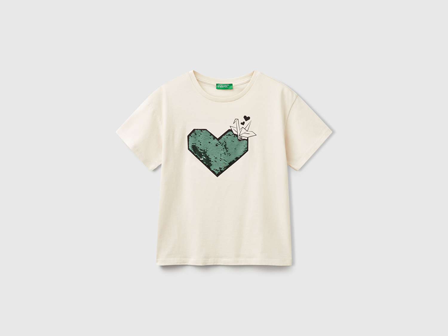 Benetton Kız Çocuk Krem Önü Payet İşlemeli Baskılı T-Shirt