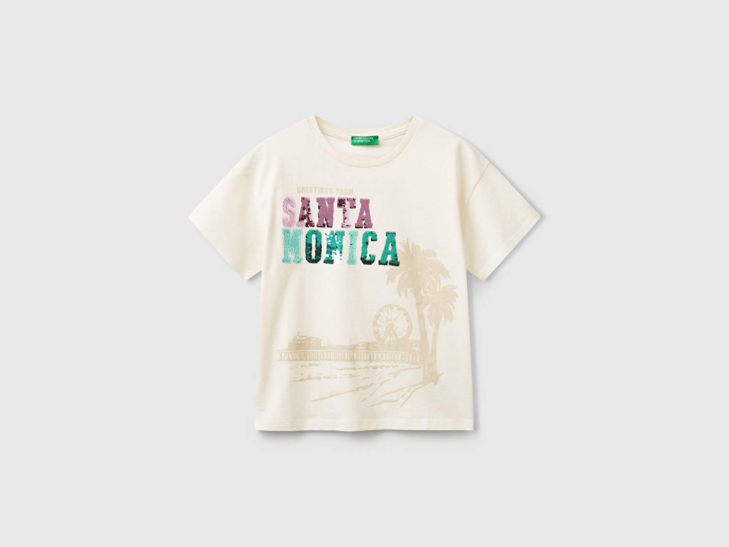 Benetton Kız Çocuk Ekru Önü Payet İşlemeli Baskılı T-Shirt