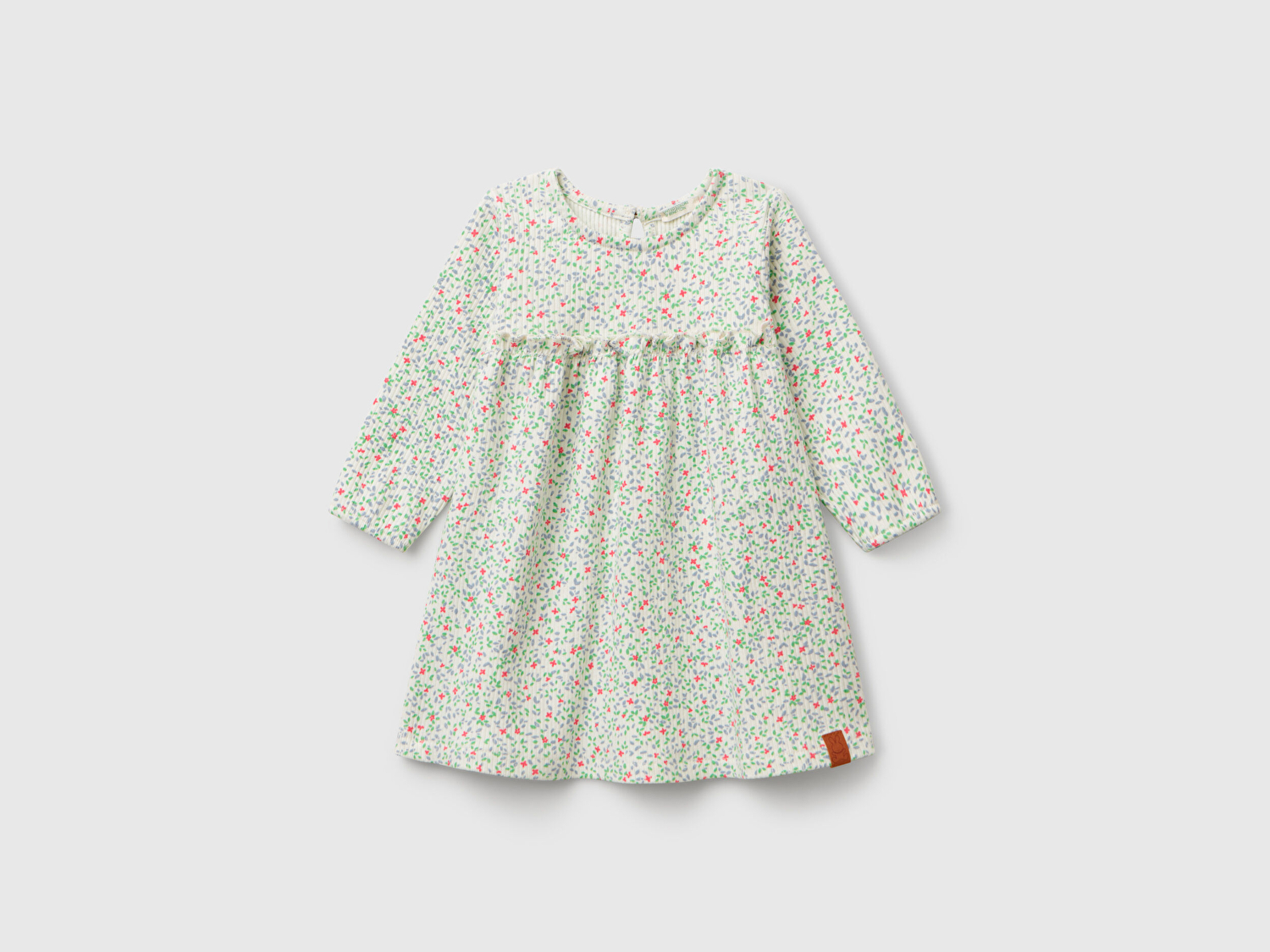 Benetton Bebek Ekru Tamamı Desenli Önü Fırfır Detaylı Pileli Uzun Kollu Elbise