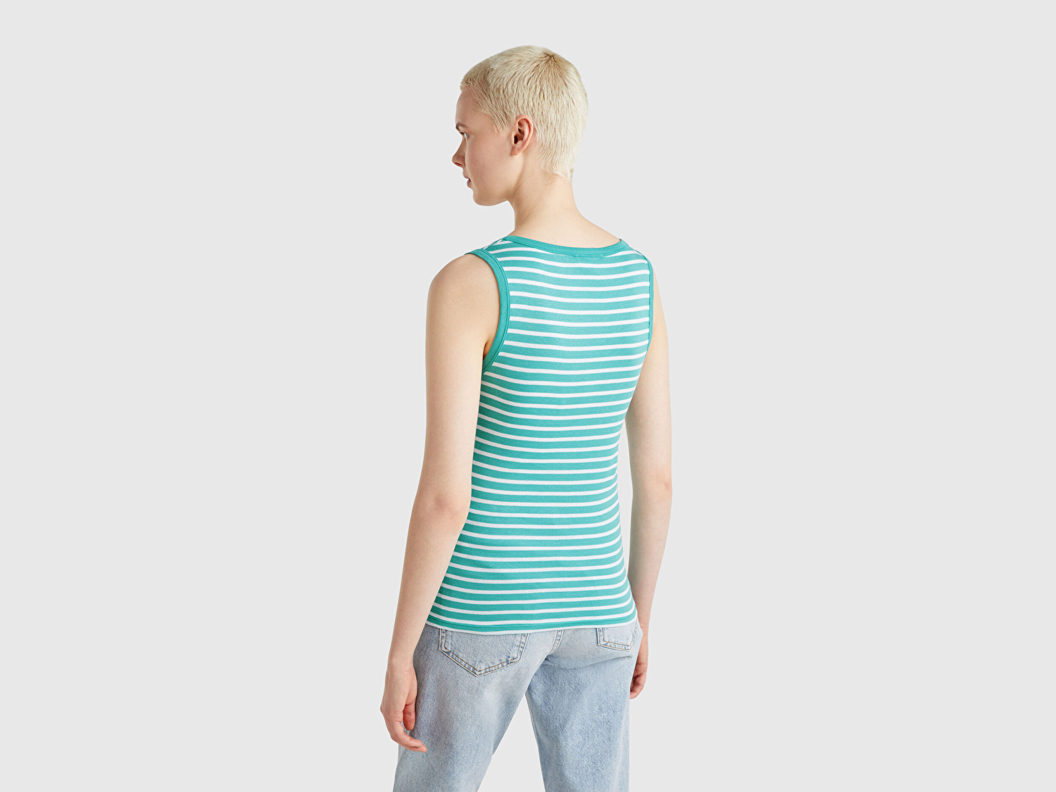 Benetton Kadın Mavi %100 Pamuk Çizgili Logo İşleme Detaylı Regular Fit Atlet