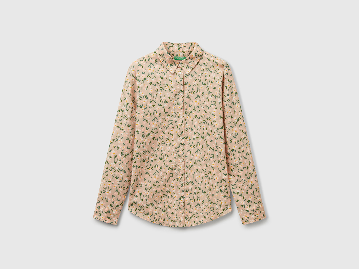 Benetton Kadın Bej-Yeşil %100 Pamuk Desenli Manşetli Regular Fit Müslin Gömlek