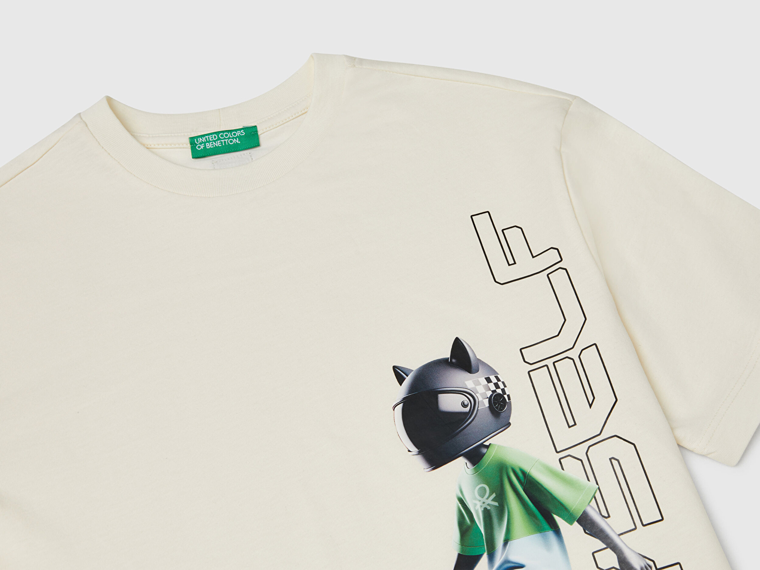 Benetton Erkek Çocuk Ekru Baskılı Arkası Logo Etiketli T-Shirt
