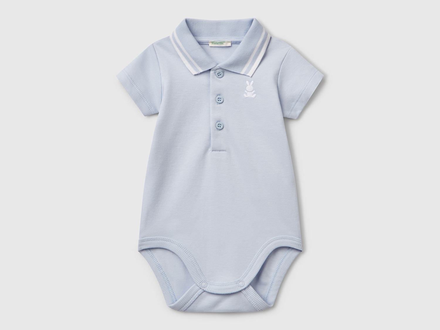 Benetton Bebek Toz Mavi Tavşan İşlemeli Kısa Kollu Çizgili Polo Yaka Çıtçıtlı Body