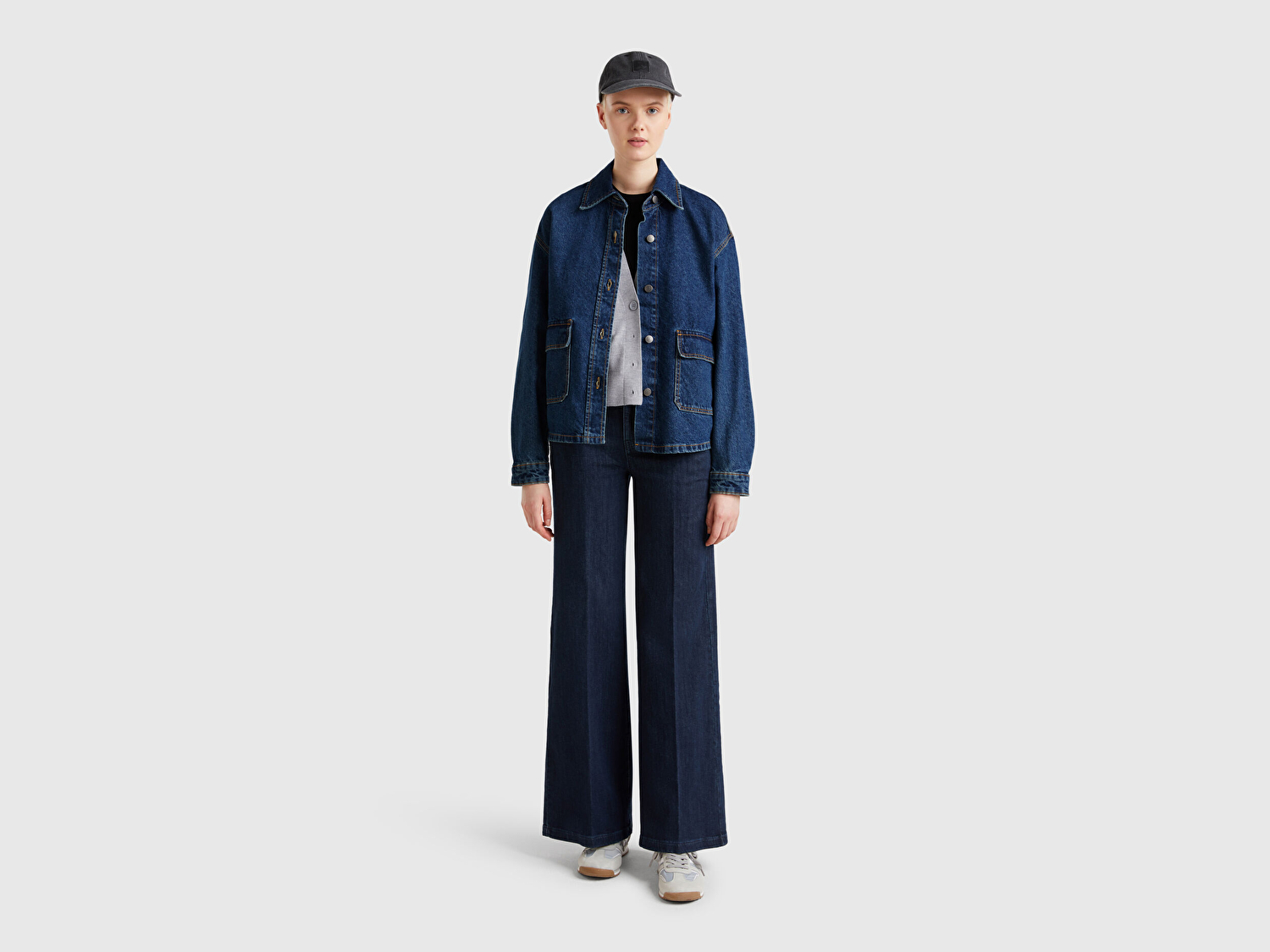 Benetton Kadın Koyu Mavi %100 Pamuk Cepli Düğmeli Oversize Denim Ceket