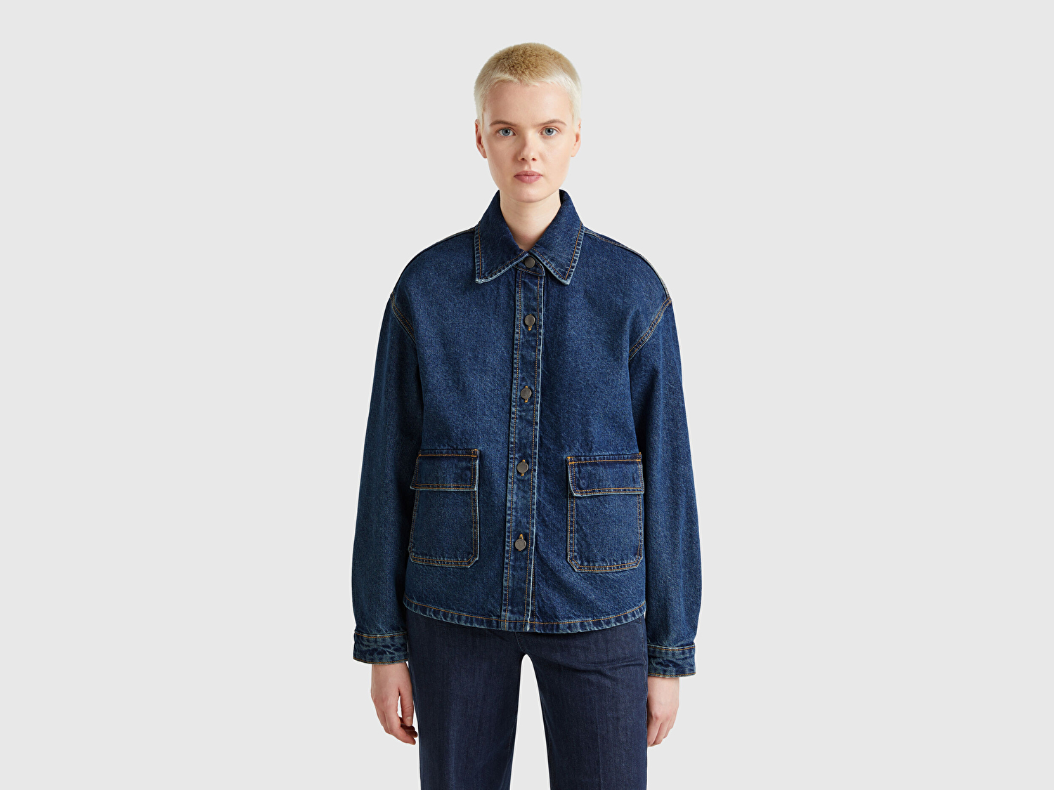Benetton Kadın Koyu Mavi %100 Pamuk Cepli Düğmeli Oversize Denim Ceket