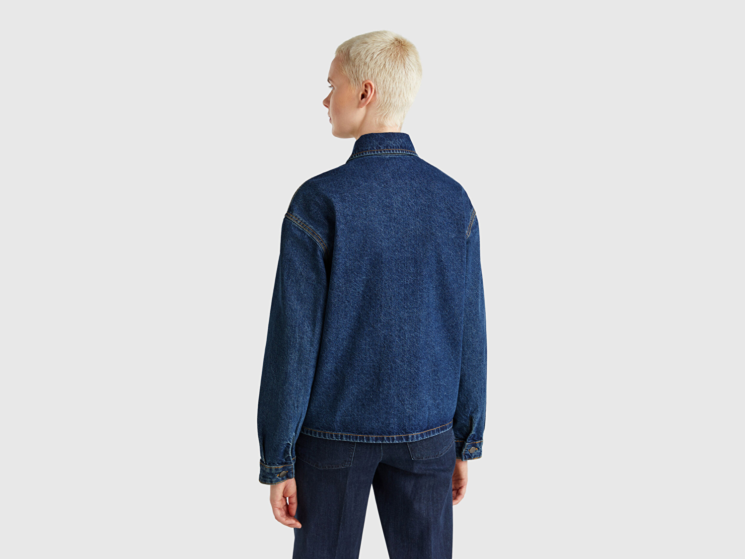 Benetton Kadın Koyu Mavi %100 Pamuk Cepli Düğmeli Oversize Denim Ceket