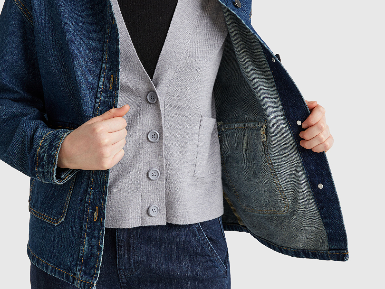 Benetton Kadın Koyu Mavi %100 Pamuk Cepli Düğmeli Oversize Denim Ceket