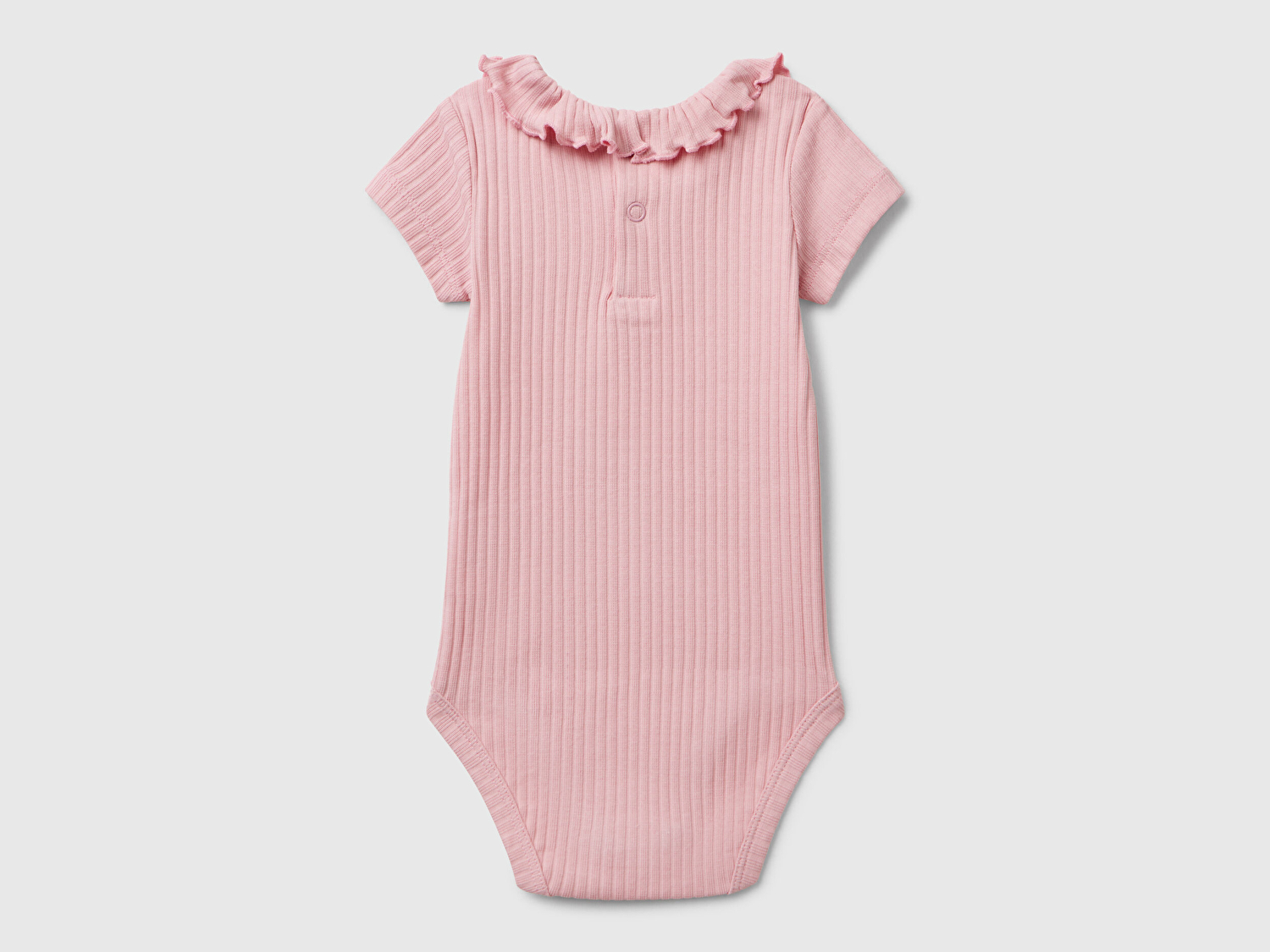 Benetton Bebek Pembe Tavşan İşlemeli Yakası Fırfırlı Kısa Kollu Çıtçıtlı Body