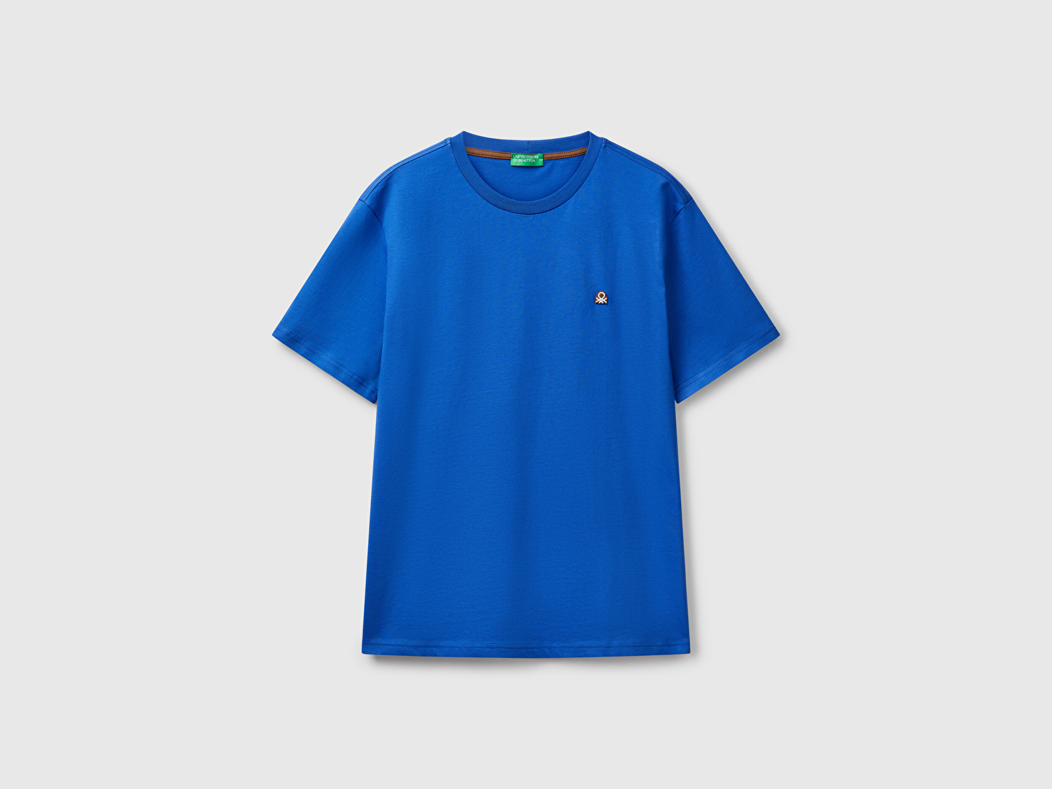Benetton Erkek Saks Mavi %100 Koton Benetton Logolu Bisiklet Yaka T-Shirt