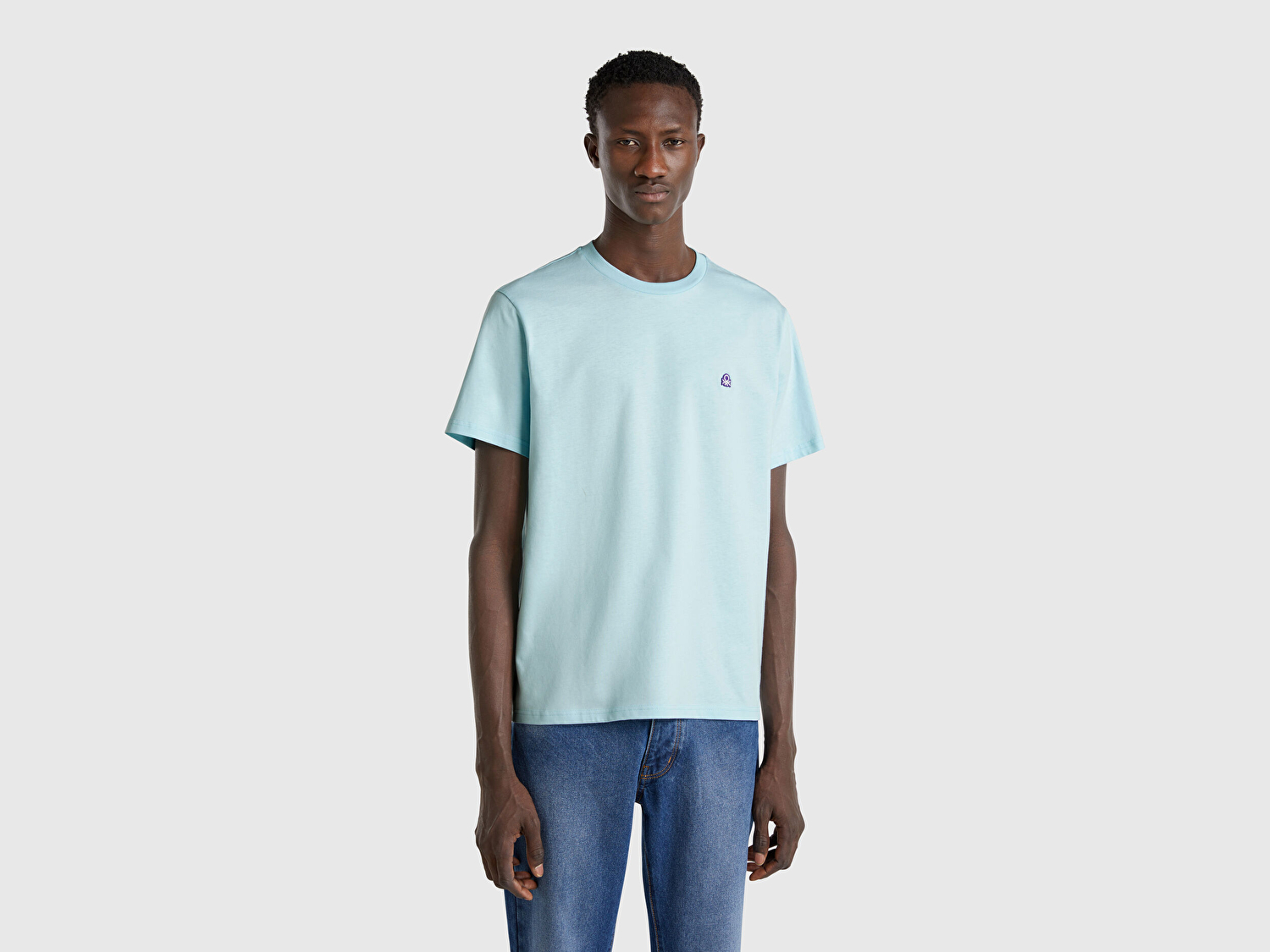 Benetton Erkek Açık Mavi %100 Koton Benetton Logolu Bisiklet Yaka T-Shirt