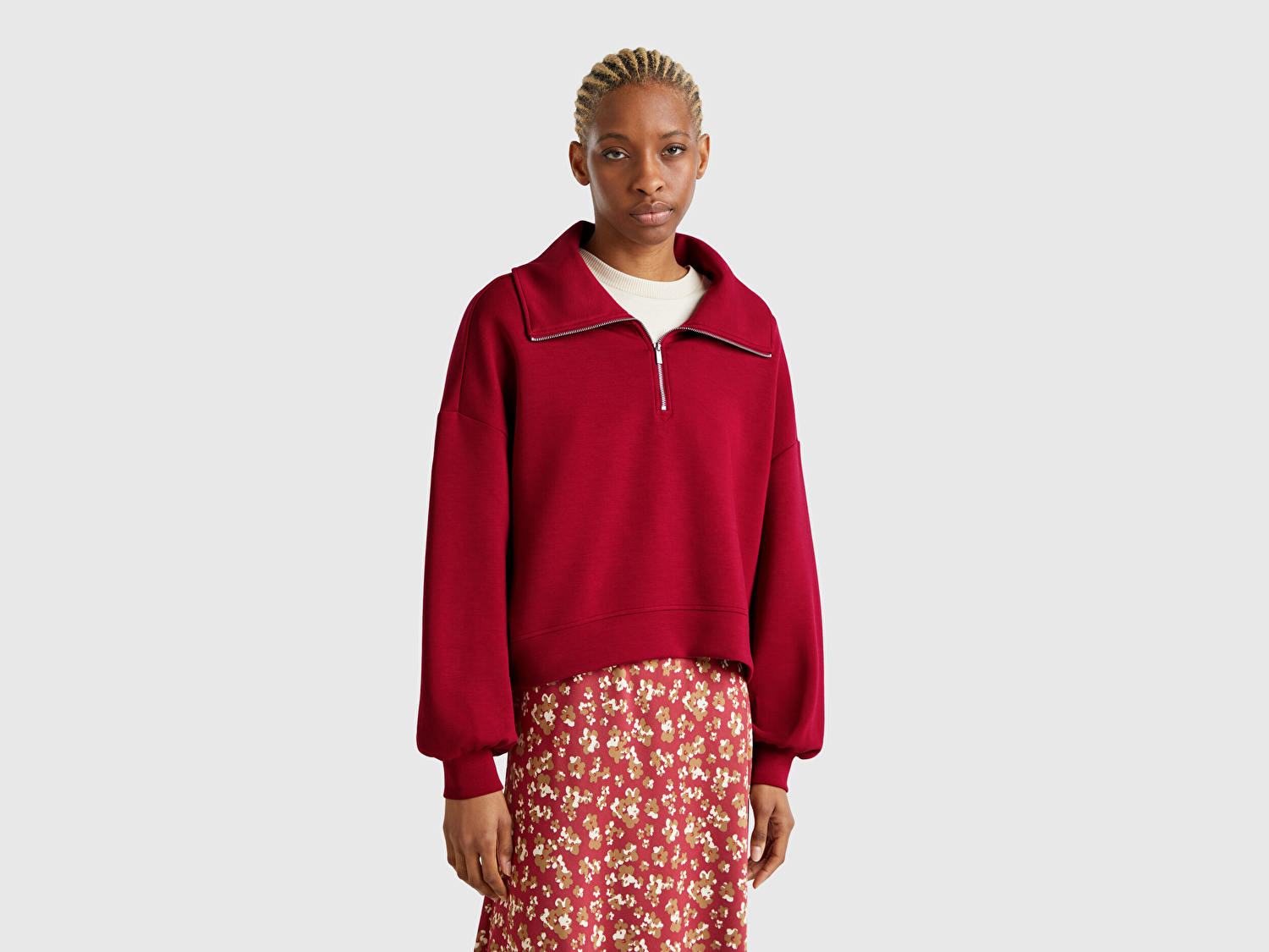 Benetton Kadın Bordo Modal Karışımlı Yarım Fermuarlı Polo Yaka Sweatshirt
