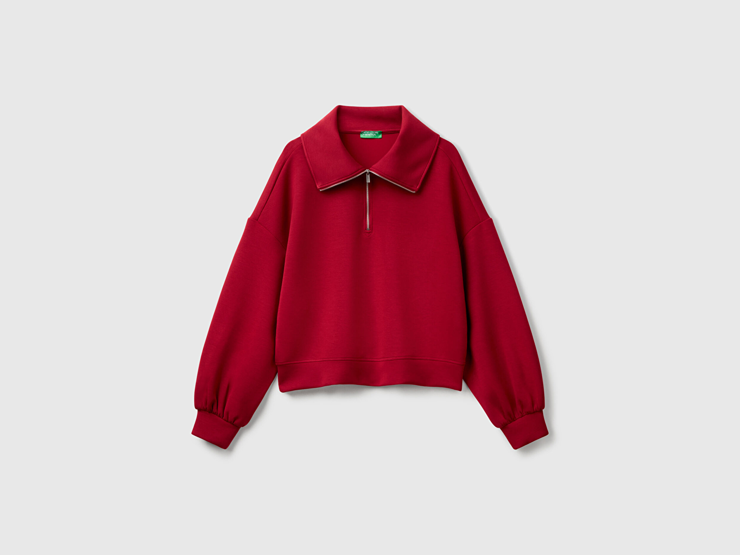 Benetton Kadın Bordo Modal Karışımlı Yarım Fermuarlı Polo Yaka Sweatshirt
