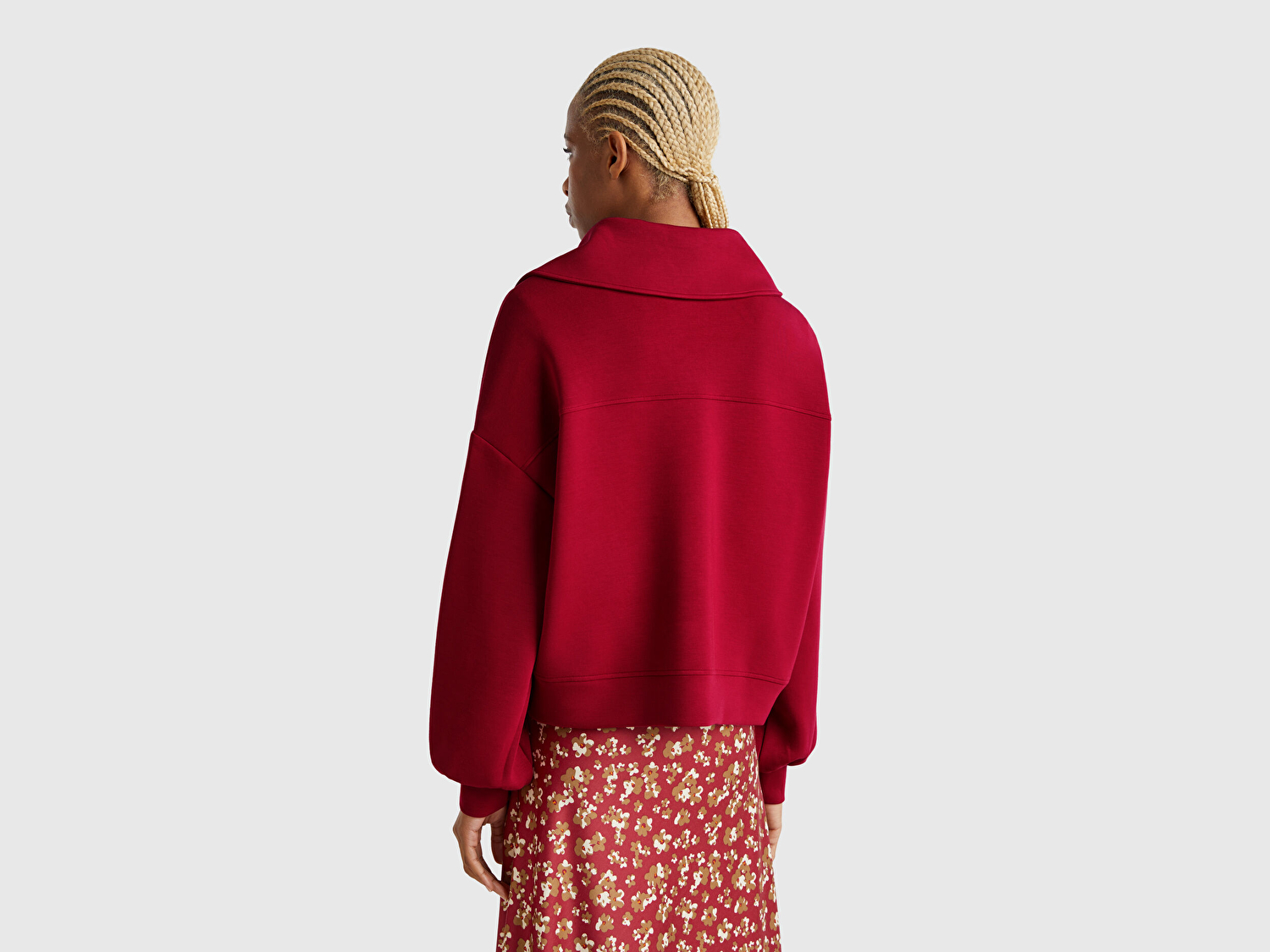 Benetton Kadın Bordo Modal Karışımlı Yarım Fermuarlı Polo Yaka Sweatshirt