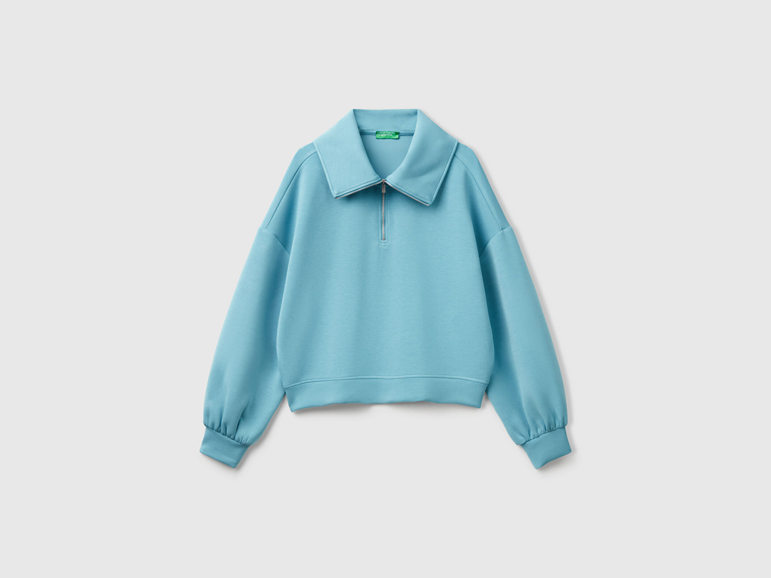 Benetton Kadın Mavi Modal Karışımlı Yarım Fermuarlı Polo Yaka Sweatshirt