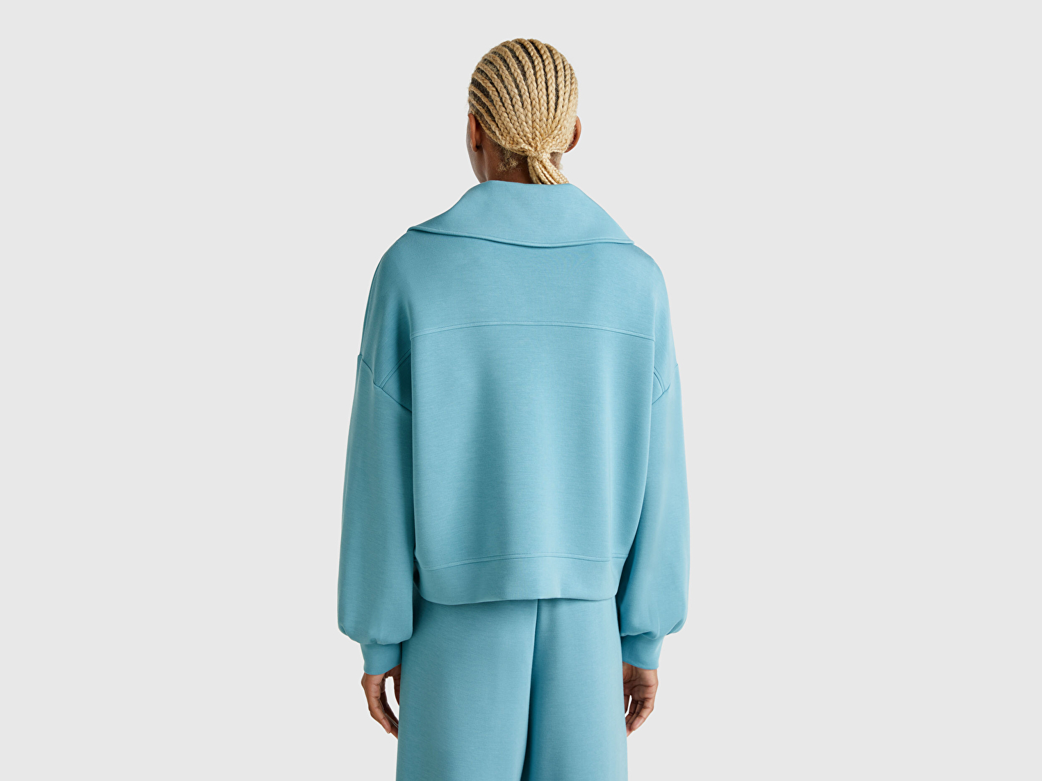 Benetton Kadın Mavi Modal Karışımlı Yarım Fermuarlı Polo Yaka Sweatshirt