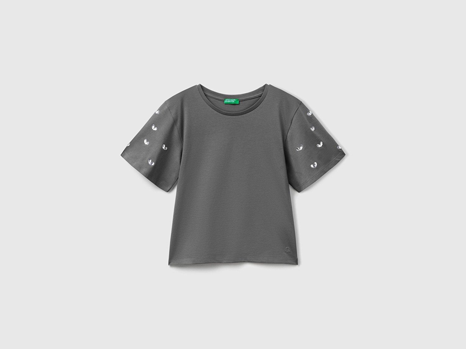 Benetton Kız Çocuk Antrasit Kolları Taş Detaylı Ribana Yakalı T-Shirt