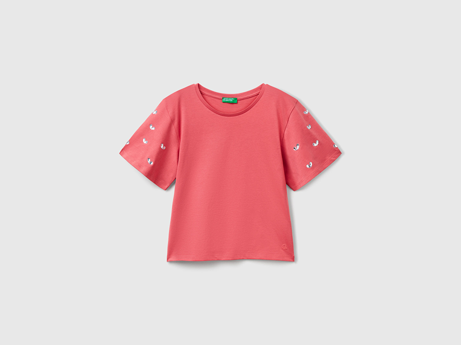 Benetton Kız Çocuk Fuşya Kolları Taş Detaylı Ribana Yakalı T-Shirt