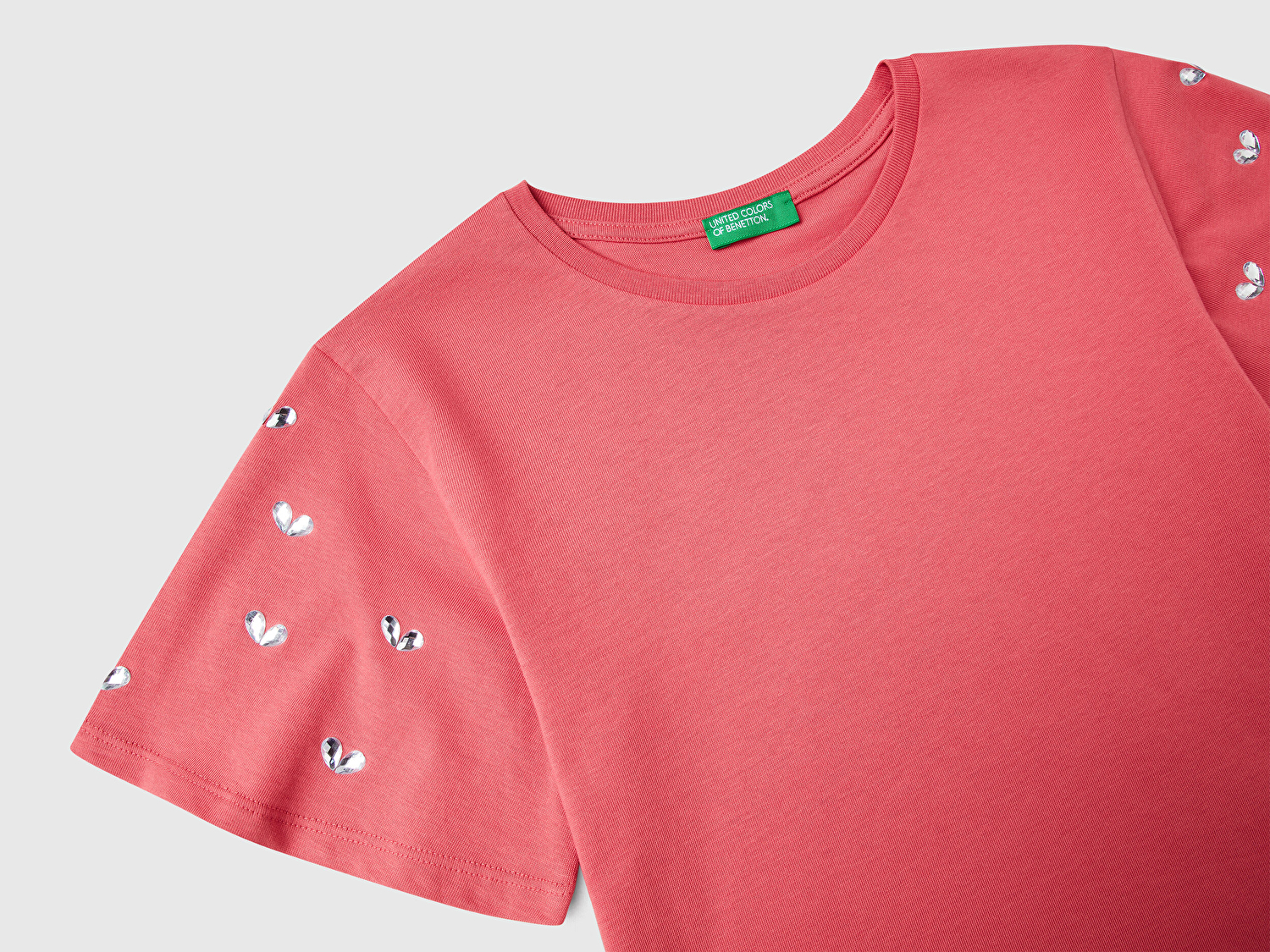 Benetton Kız Çocuk Fuşya Kolları Taş Detaylı Ribana Yakalı T-Shirt