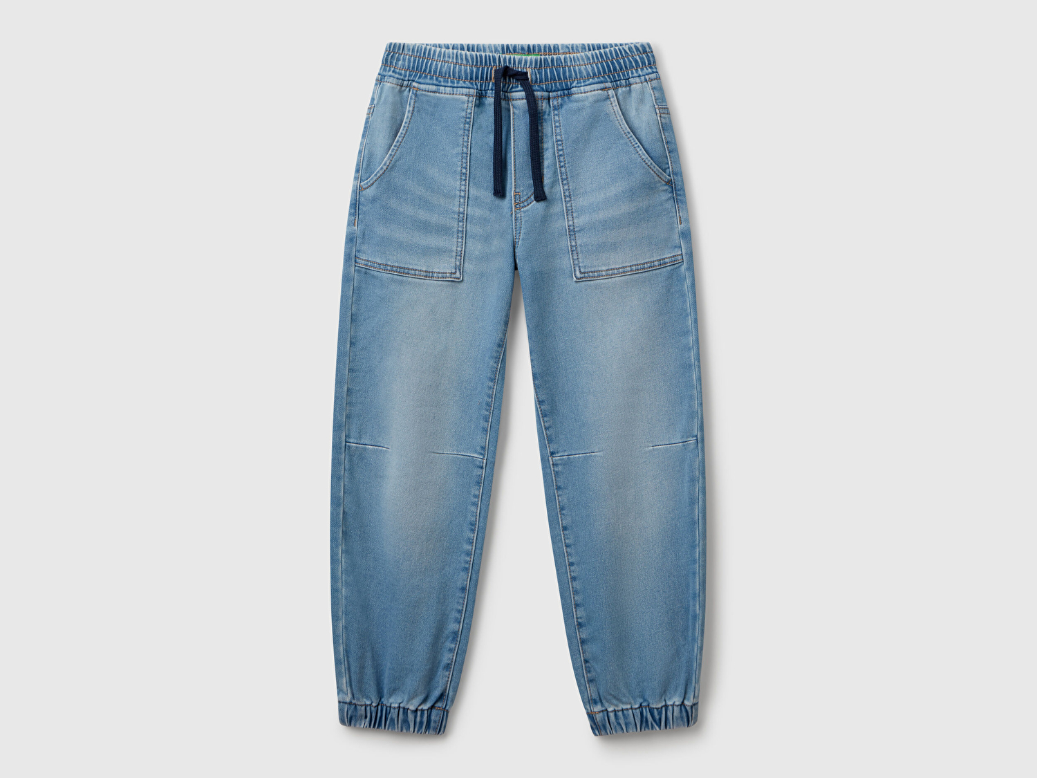 Benetton Erkek Çocuk Açık Denim Logo Detaylı Büzgü İpli Denim Jogger Pantolon