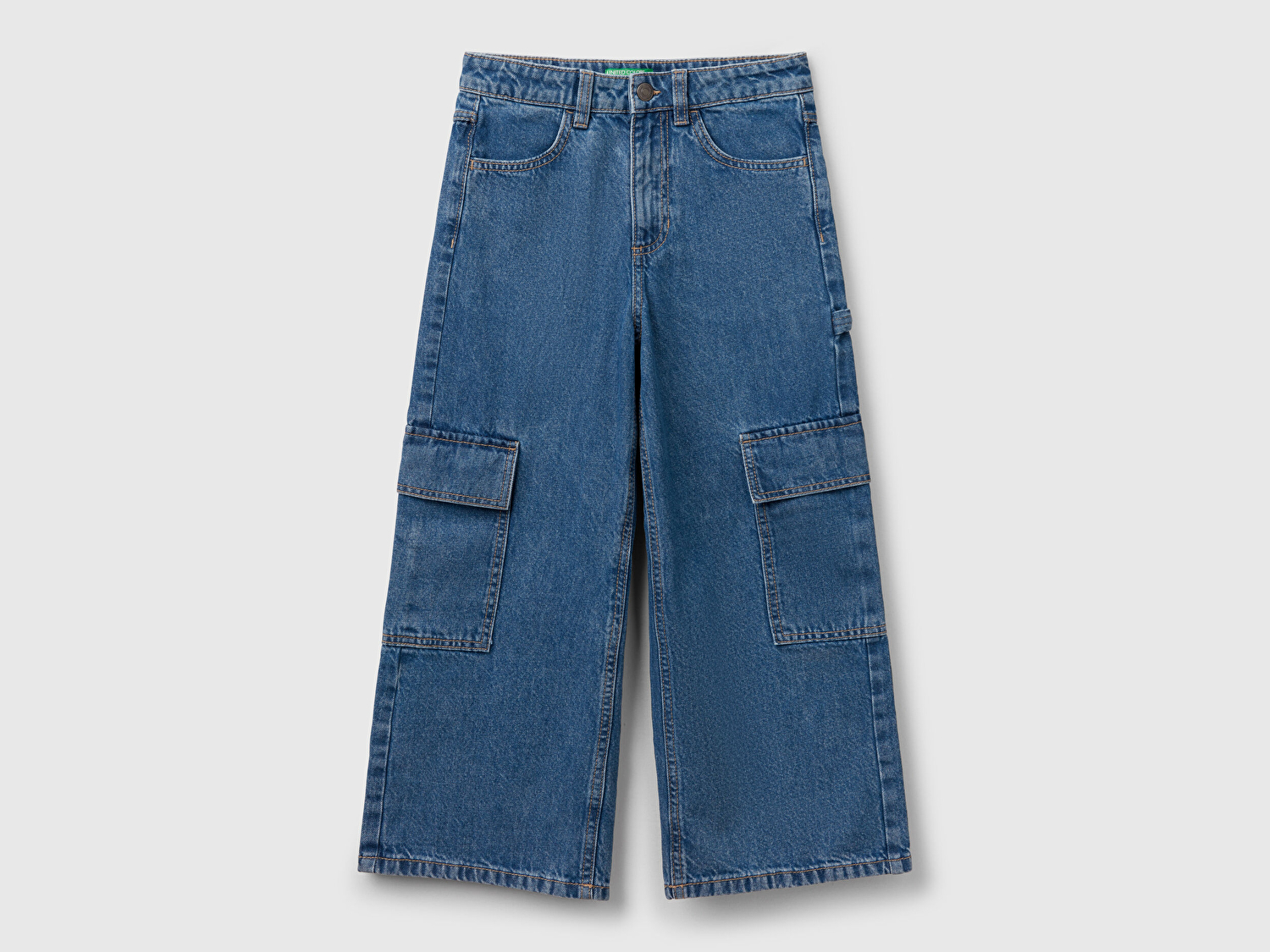 Benetton Kız Çocuk Denim Taş Yıkama Wide Fit Kargo Denim Pantolon