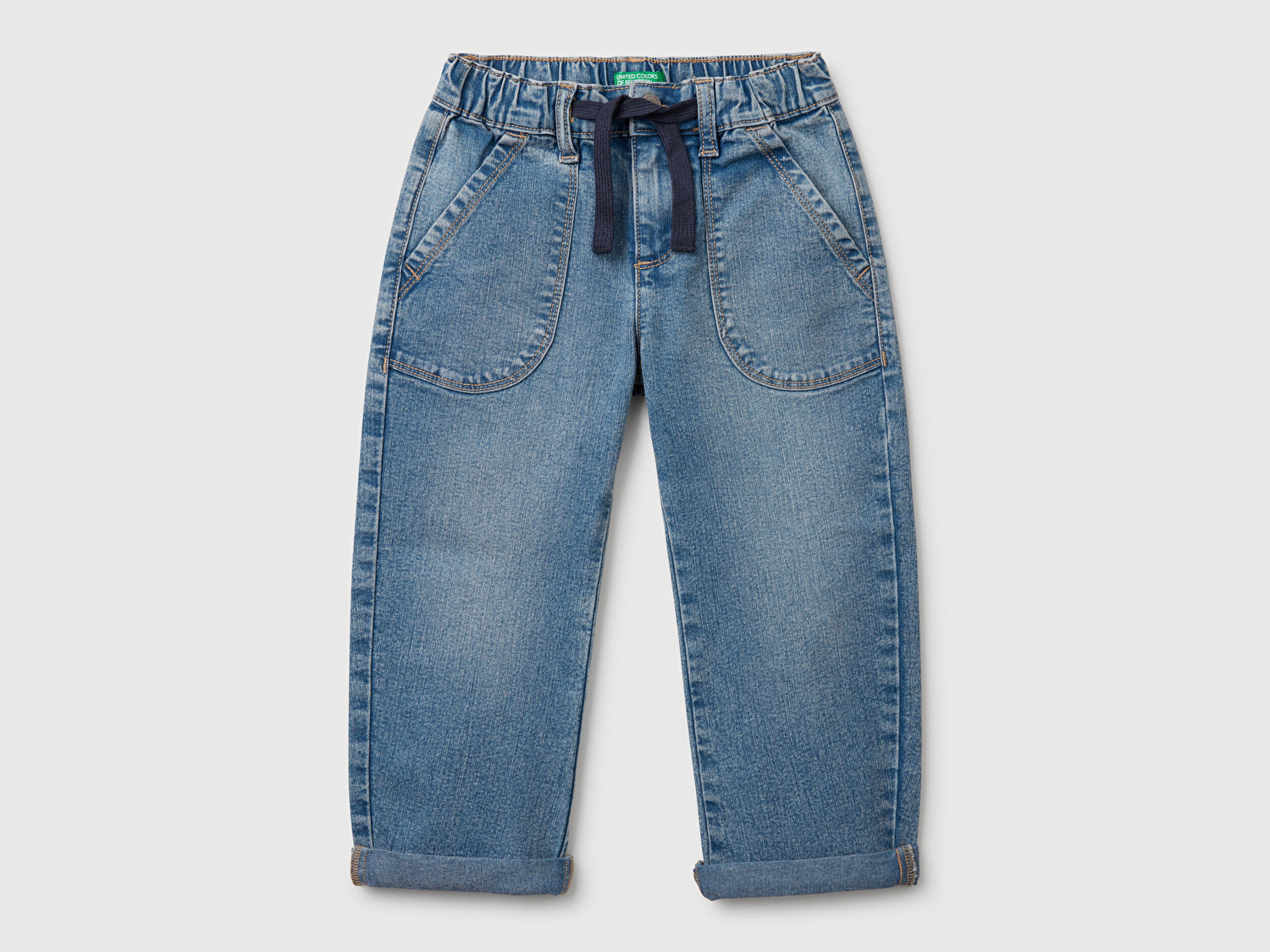 Benetton Erkek Bebek Açık Denim Beli Büzgü İpli Yama Cepli Denim Havuç Pantolon