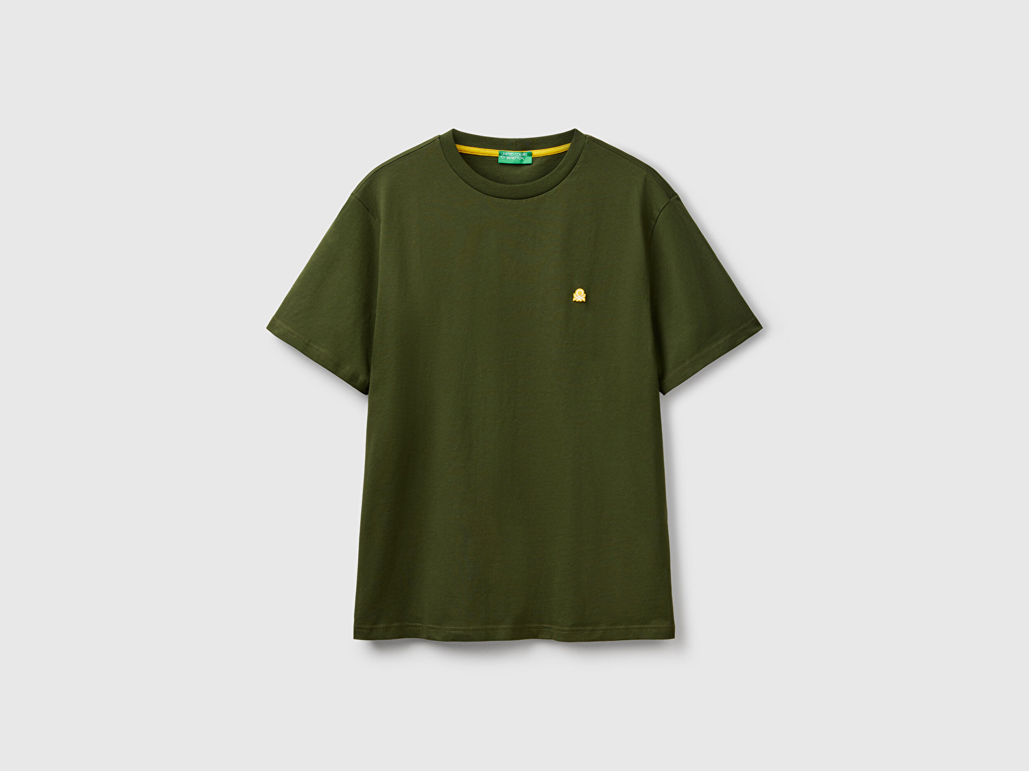 Benetton Erkek Haki %100 Koton Benetton Logolu Bisiklet Yaka T-Shirt