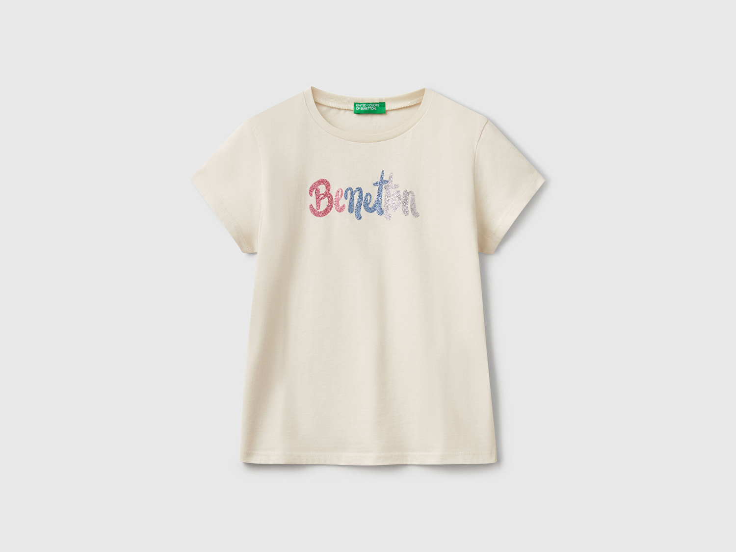 Benetton Kız Çocuk Krem Simli Logo Baskılı T-Shirt