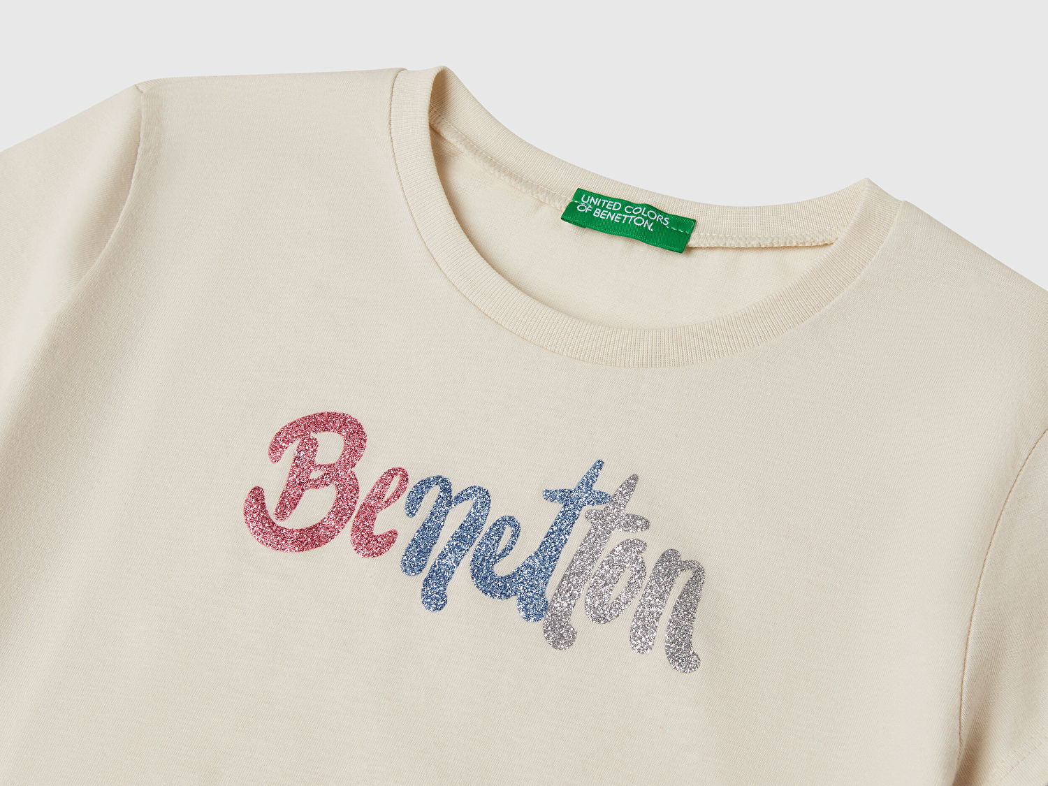 Benetton Kız Çocuk Krem Simli Logo Baskılı T-Shirt