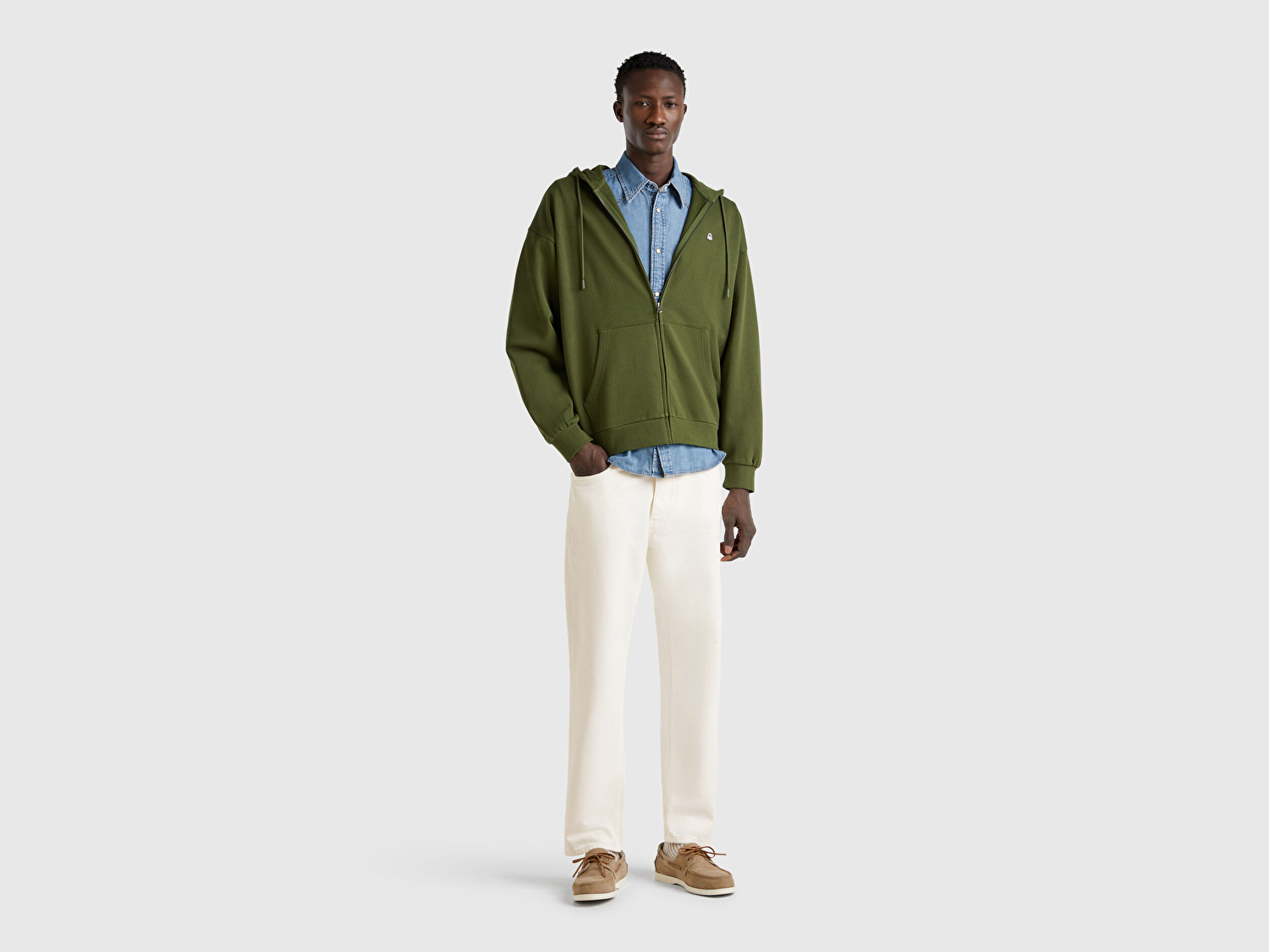 Benetton Erkek Beyaz %100 Pamuk Beli Logo Etiketli 5 Cepli Straight Fit Pantolon