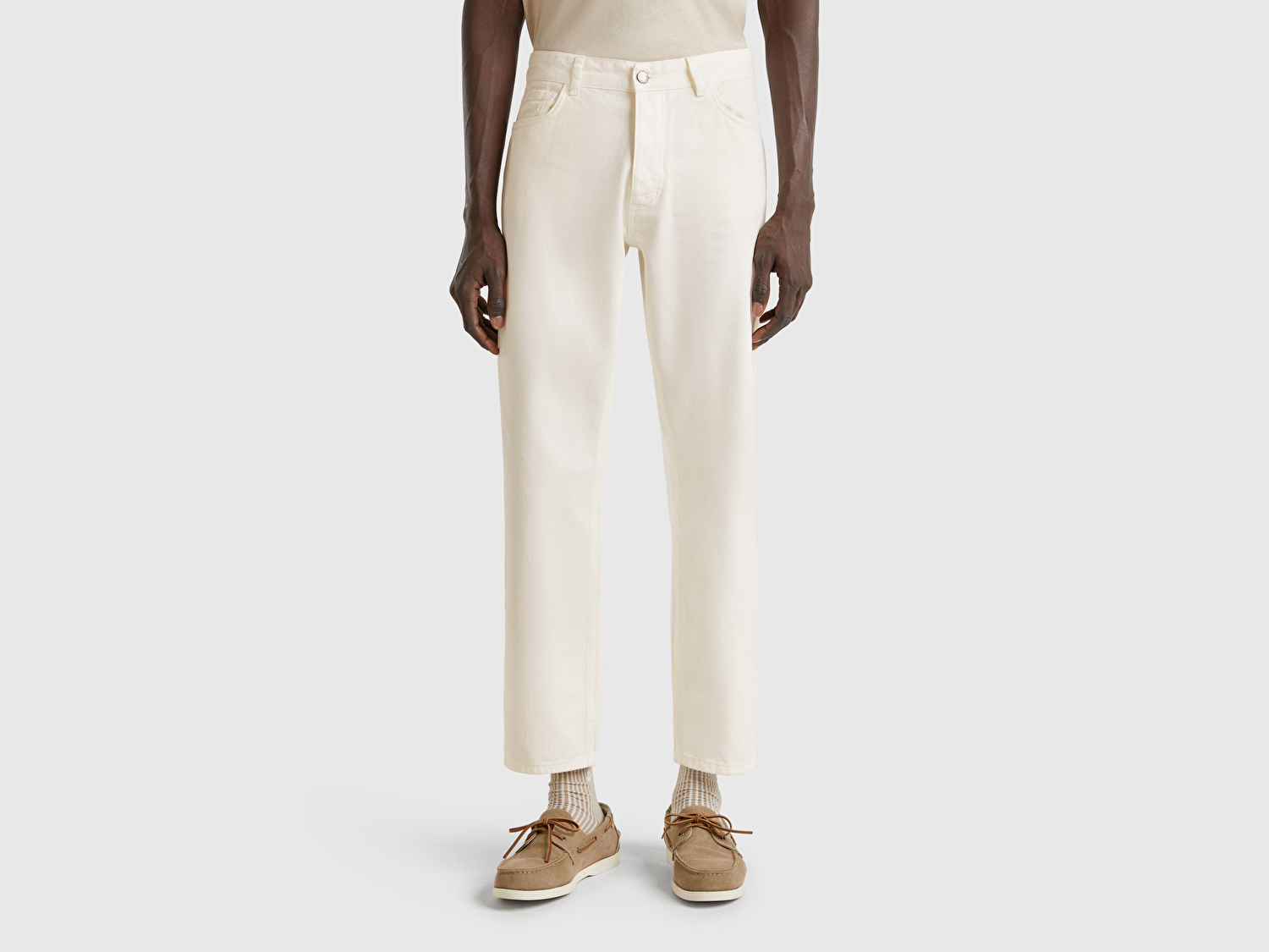 Benetton Erkek Beyaz %100 Pamuk Beli Logo Etiketli 5 Cepli Straight Fit Pantolon