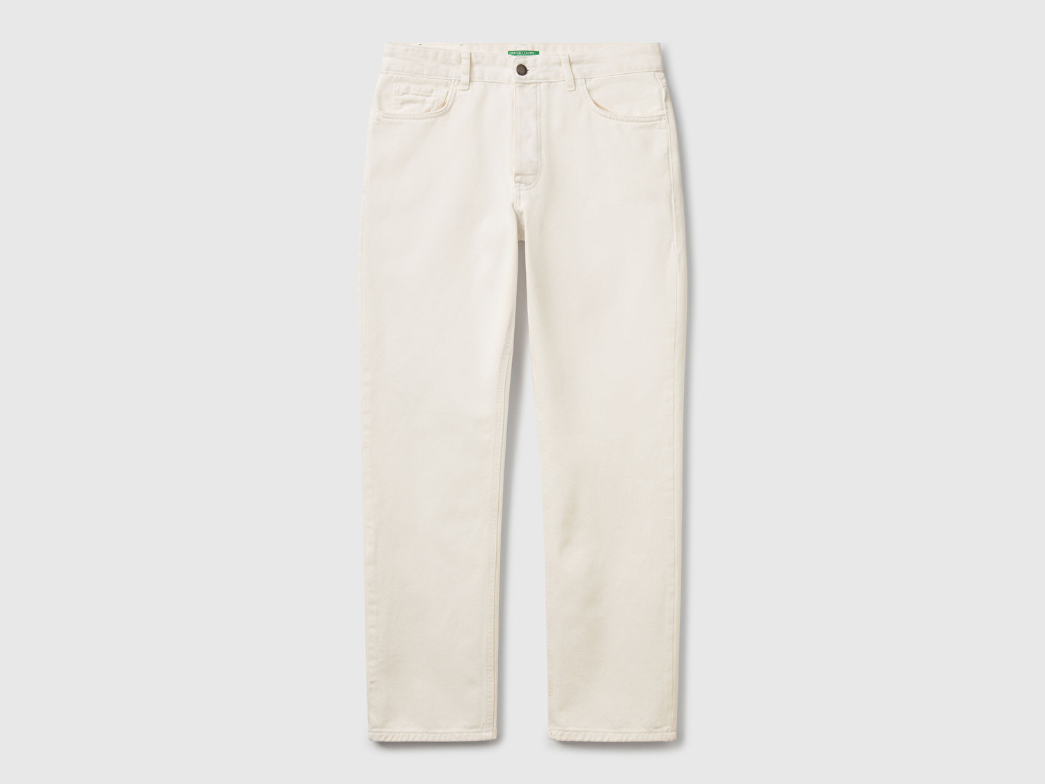 Benetton Erkek Beyaz %100 Pamuk Beli Logo Etiketli 5 Cepli Straight Fit Pantolon