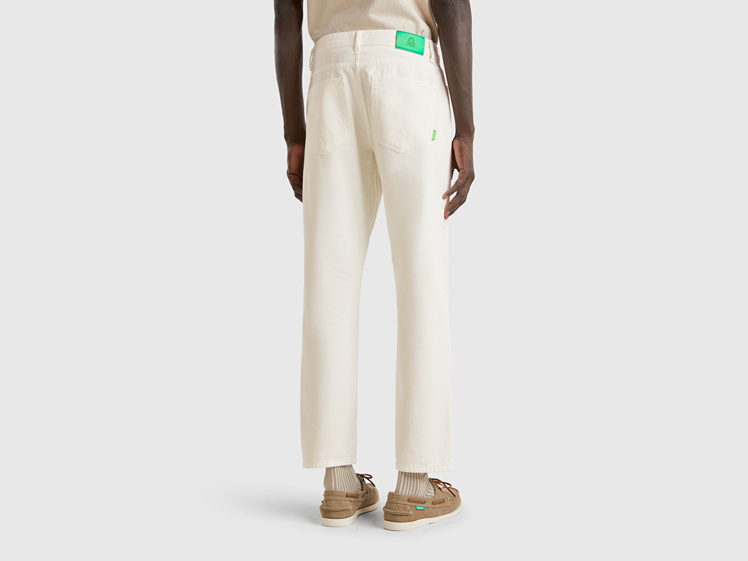 Benetton Erkek Beyaz %100 Pamuk Beli Logo Etiketli 5 Cepli Straight Fit Pantolon