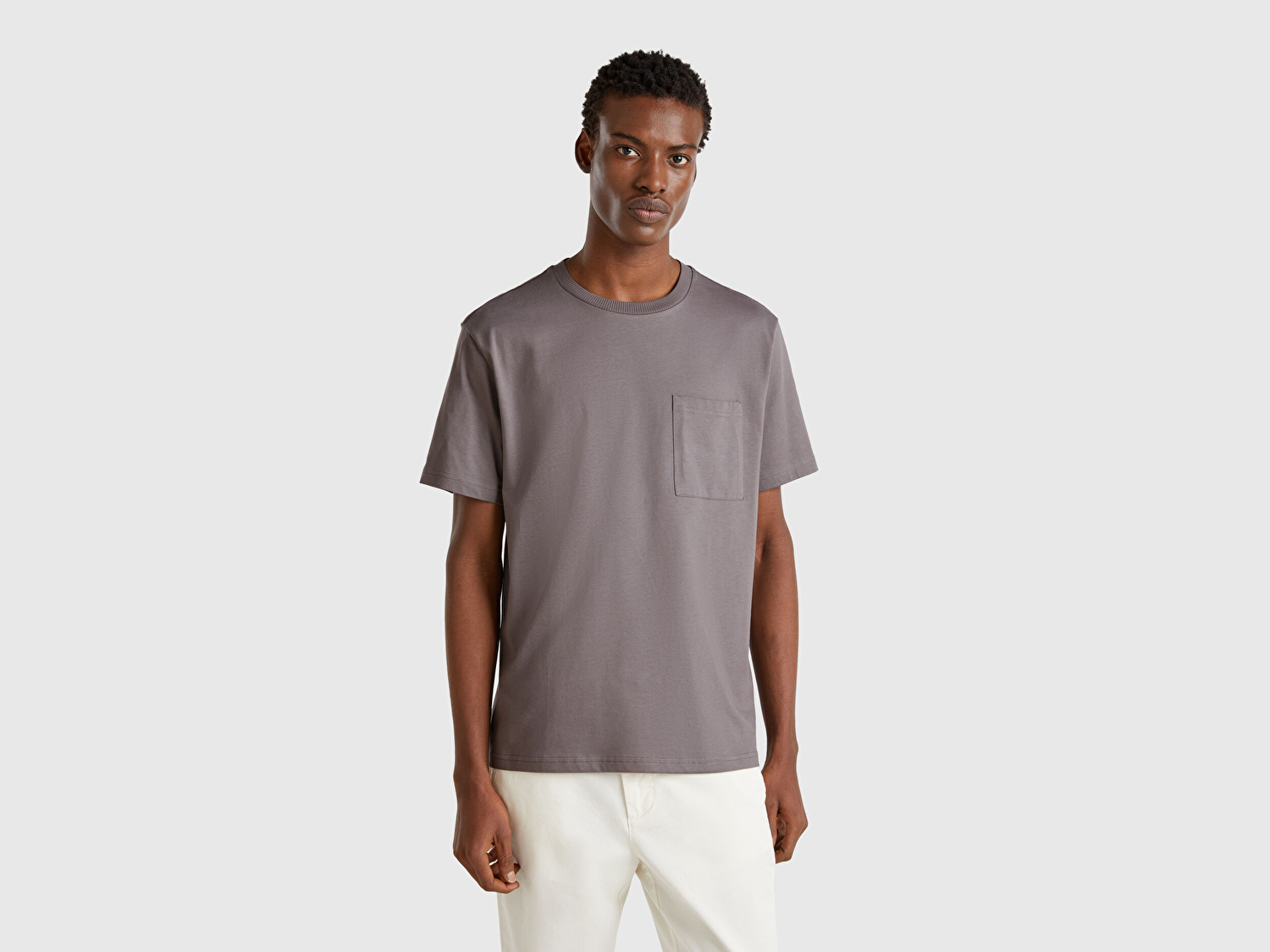 Benetton Erkek Antrasit %100 Pamuk Yama Cep Detaylı Oversize T-Shirt