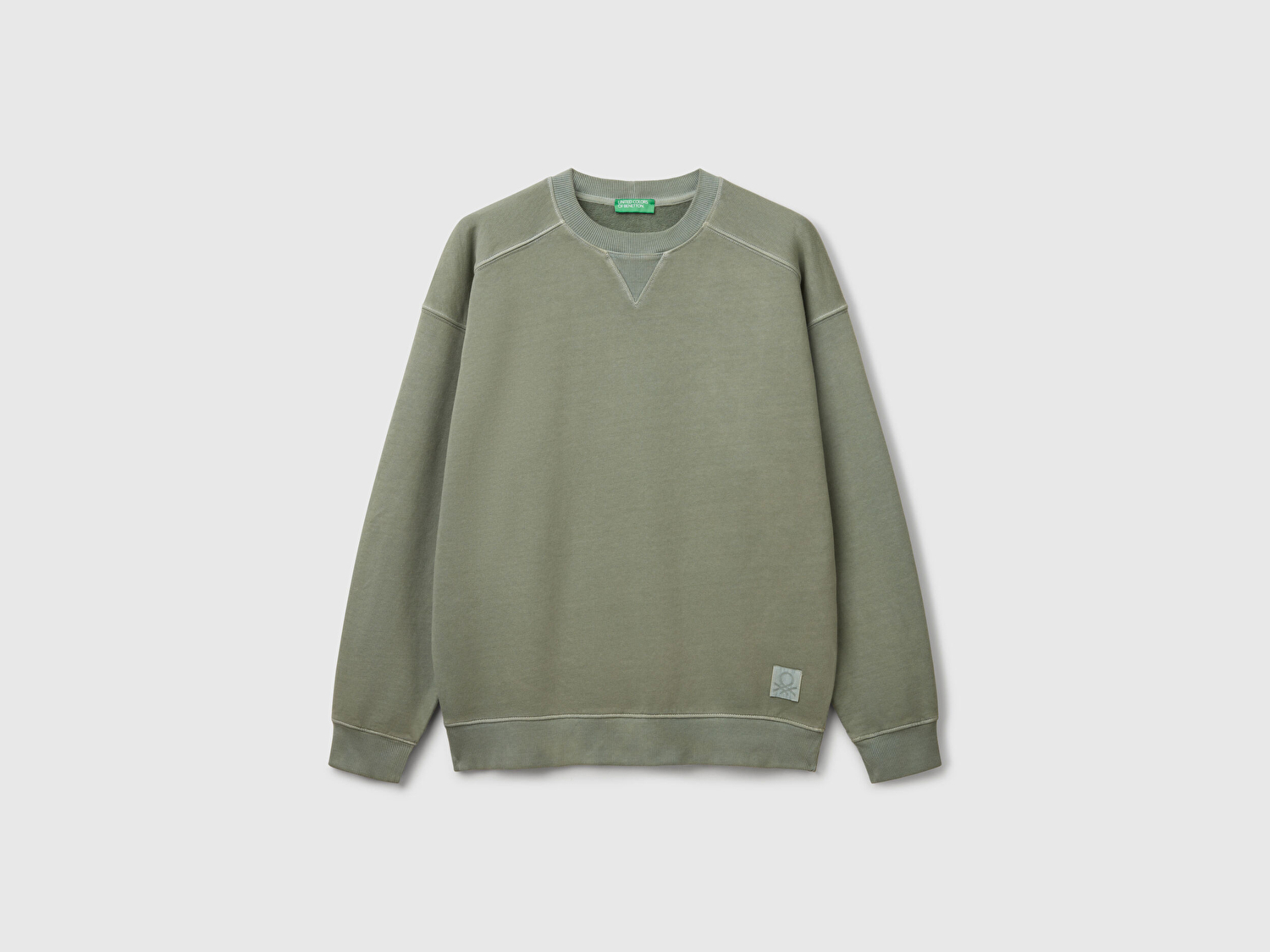 Benetton Erkek Yeşil Pamuklu Logo Etiketi Detaylı Bisiklet Yaka Sweatshirt