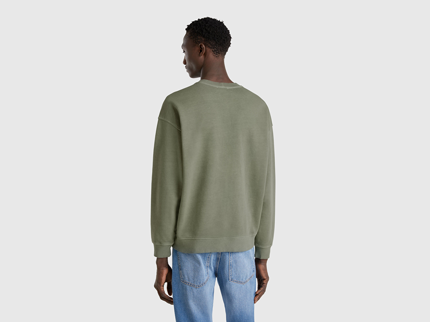 Benetton Erkek Yeşil Pamuklu Logo Etiketi Detaylı Bisiklet Yaka Sweatshirt